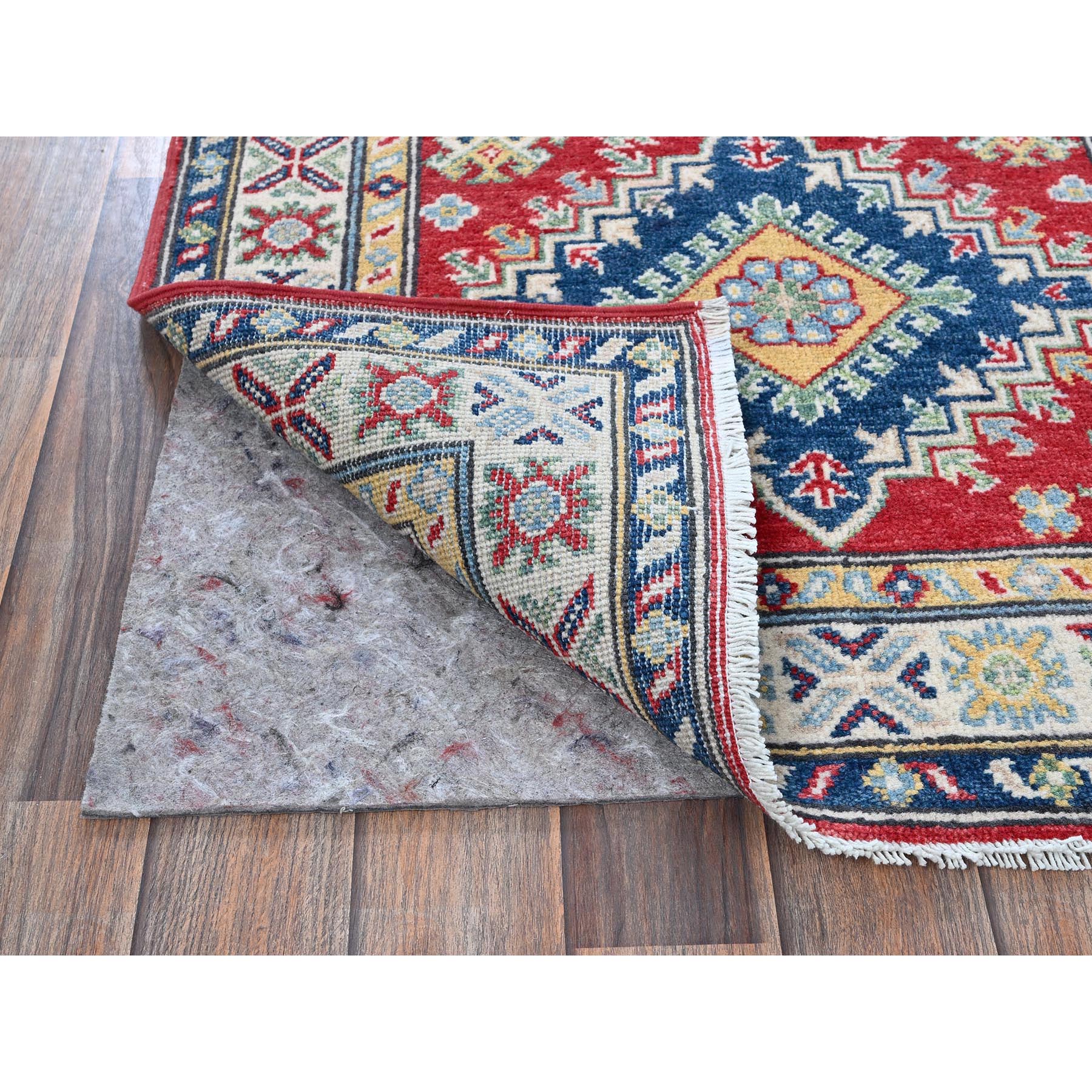 2'9"x9'6" Ajax Red, Kazak with Geometric Medallions Design, Hand Knotted, Soft and Shiny Wool, Denser Weave, Vegetable Dyes, Runner, Oriental Rug Sh480