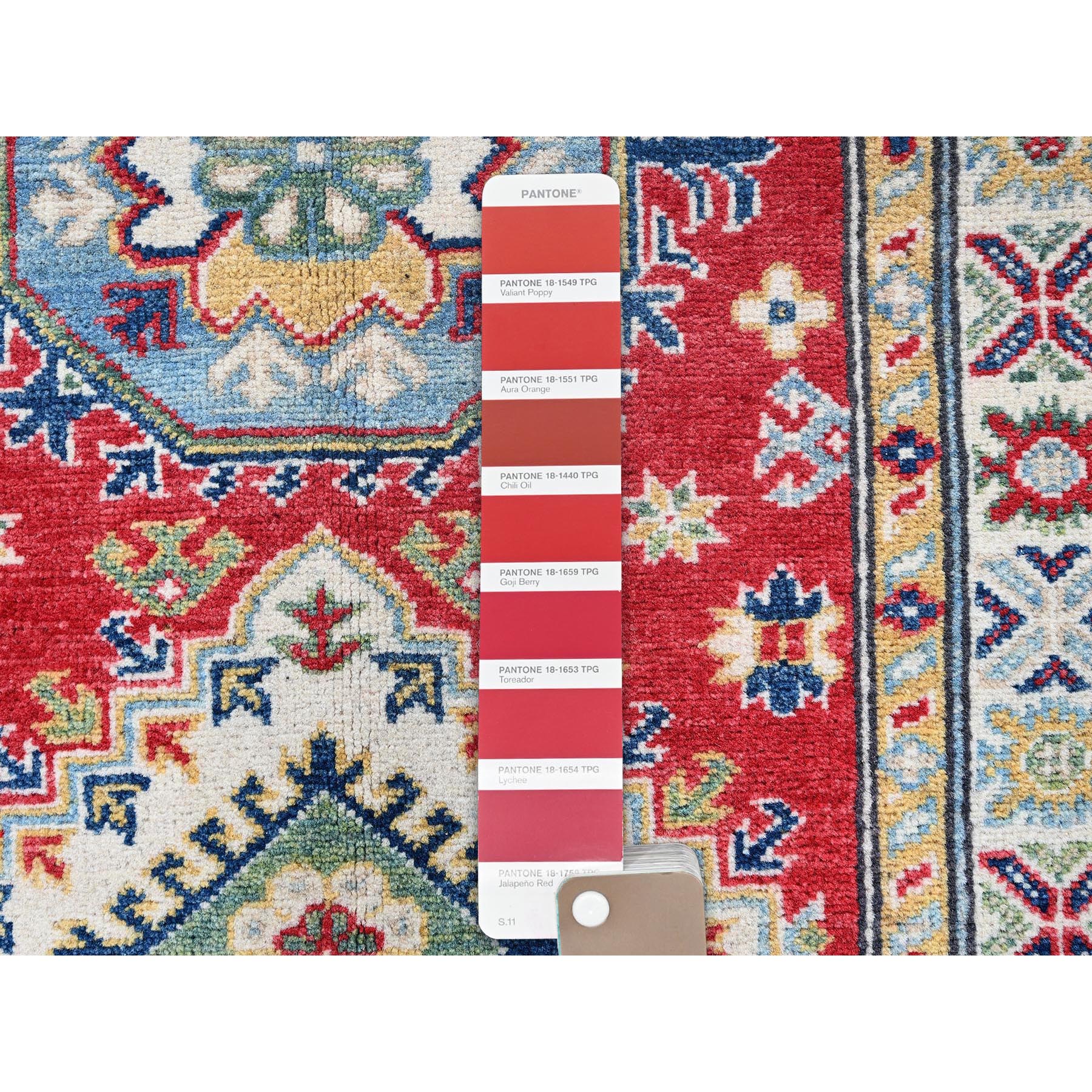 2'9"x9'6" Ajax Red, Kazak with Geometric Medallions Design, Hand Knotted, Soft and Shiny Wool, Denser Weave, Vegetable Dyes, Runner, Oriental Rug Sh480