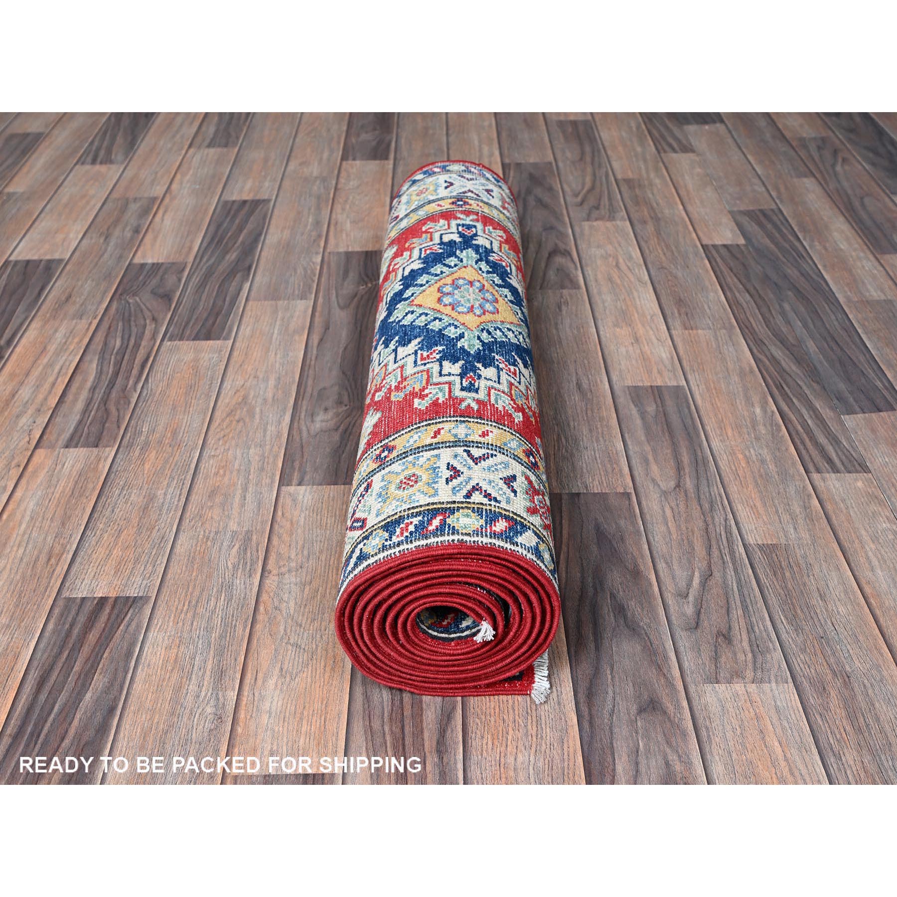 2'9"x9'6" Ajax Red, Kazak with Geometric Medallions Design, Hand Knotted, Soft and Shiny Wool, Denser Weave, Vegetable Dyes, Runner, Oriental Rug Sh480