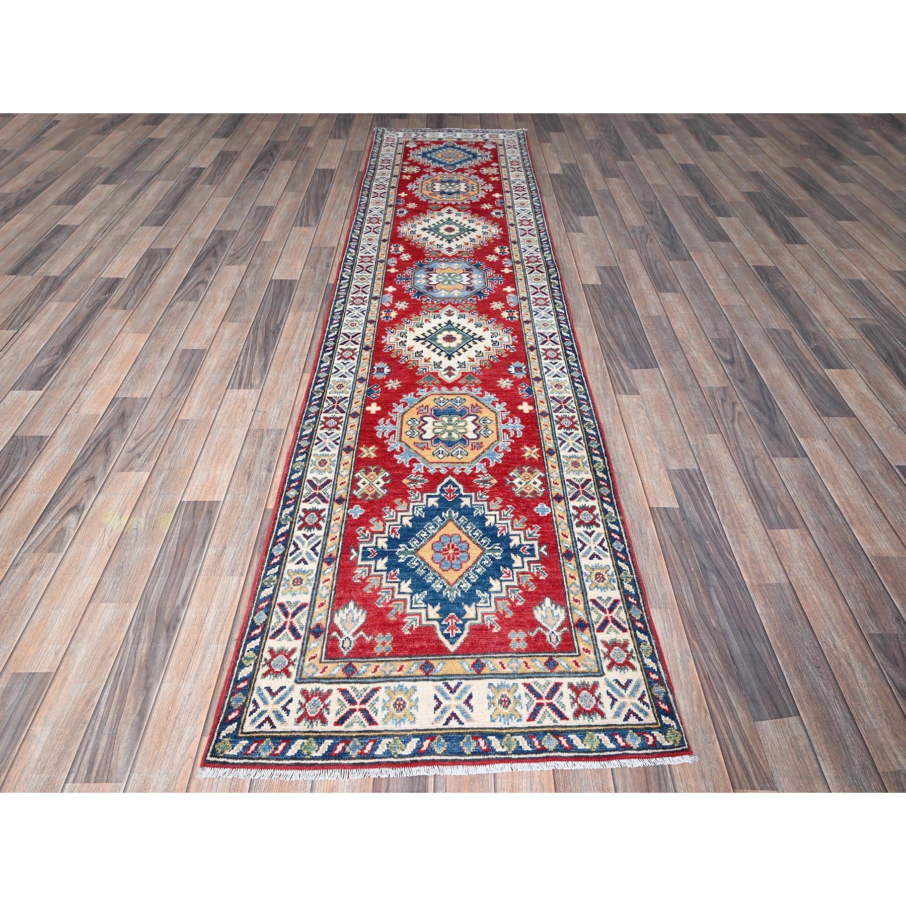 2'7"x10' Arsenal Red, Kazak with Tribal Medallions Design, Hand Knotted, Soft and Vibrant Wool, Vegetable Dyes, Denser Weave, Runner, Oriental Rug Sh481