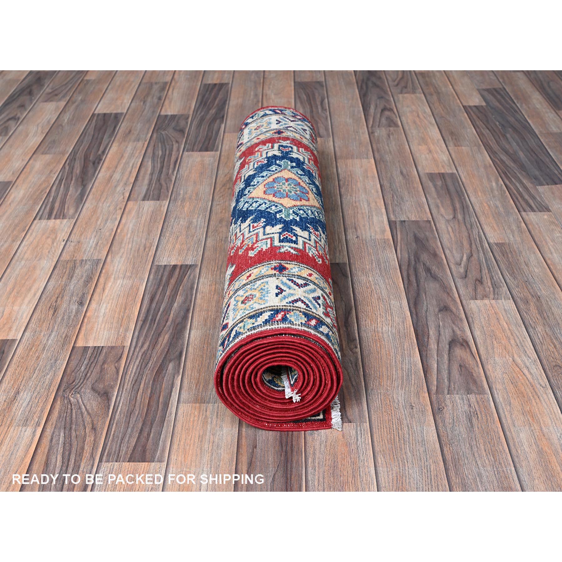2'7"x10' Arsenal Red, Kazak with Tribal Medallions Design, Hand Knotted, Soft and Vibrant Wool, Vegetable Dyes, Denser Weave, Runner, Oriental Rug Sh481