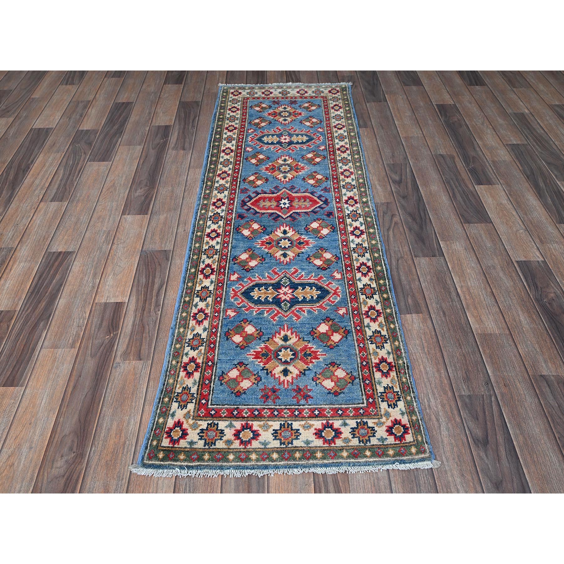 2'x6' Carolina Blue, Kazak with Tribal Medallions Design, Hand Knotted, Soft and Velvety Wool, Denser Weave, Vegetable Dyes, Narrow Runner, Oriental Rug Sh483