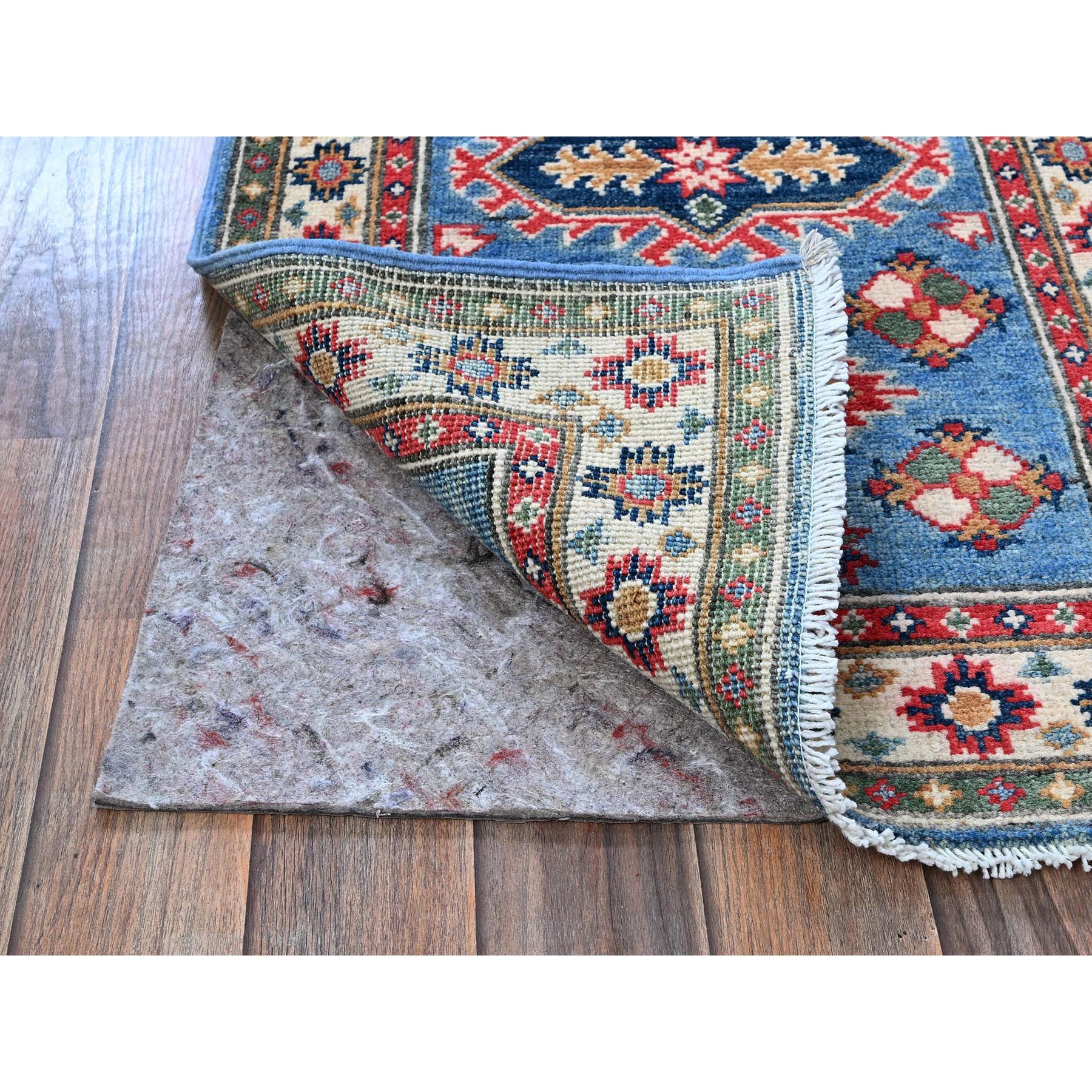 2'x6' Carolina Blue, Kazak with Tribal Medallions Design, Hand Knotted, Soft and Velvety Wool, Denser Weave, Vegetable Dyes, Narrow Runner, Oriental Rug Sh483