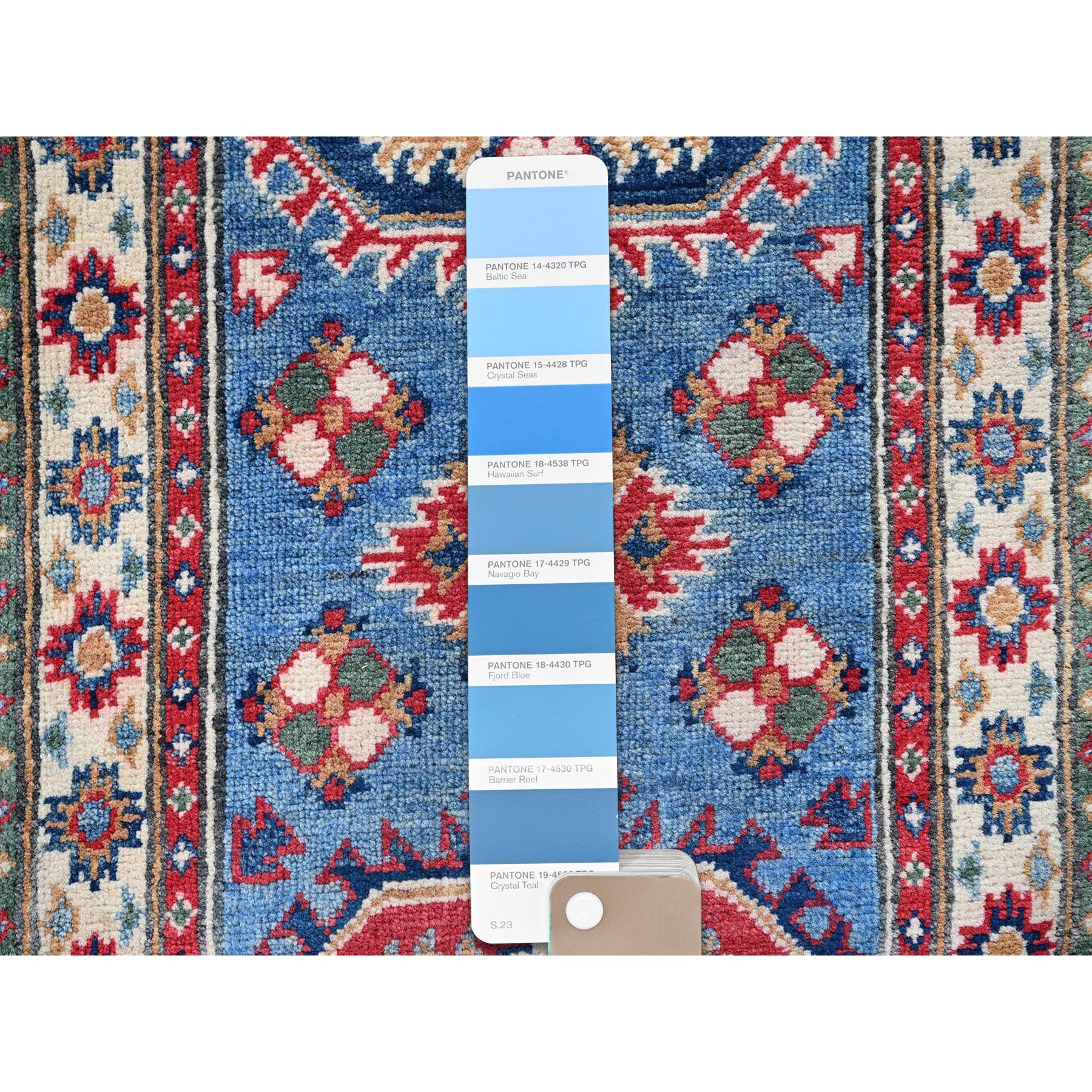 2'x6' Carolina Blue, Kazak with Tribal Medallions Design, Hand Knotted, Soft and Velvety Wool, Denser Weave, Vegetable Dyes, Narrow Runner, Oriental Rug Sh483