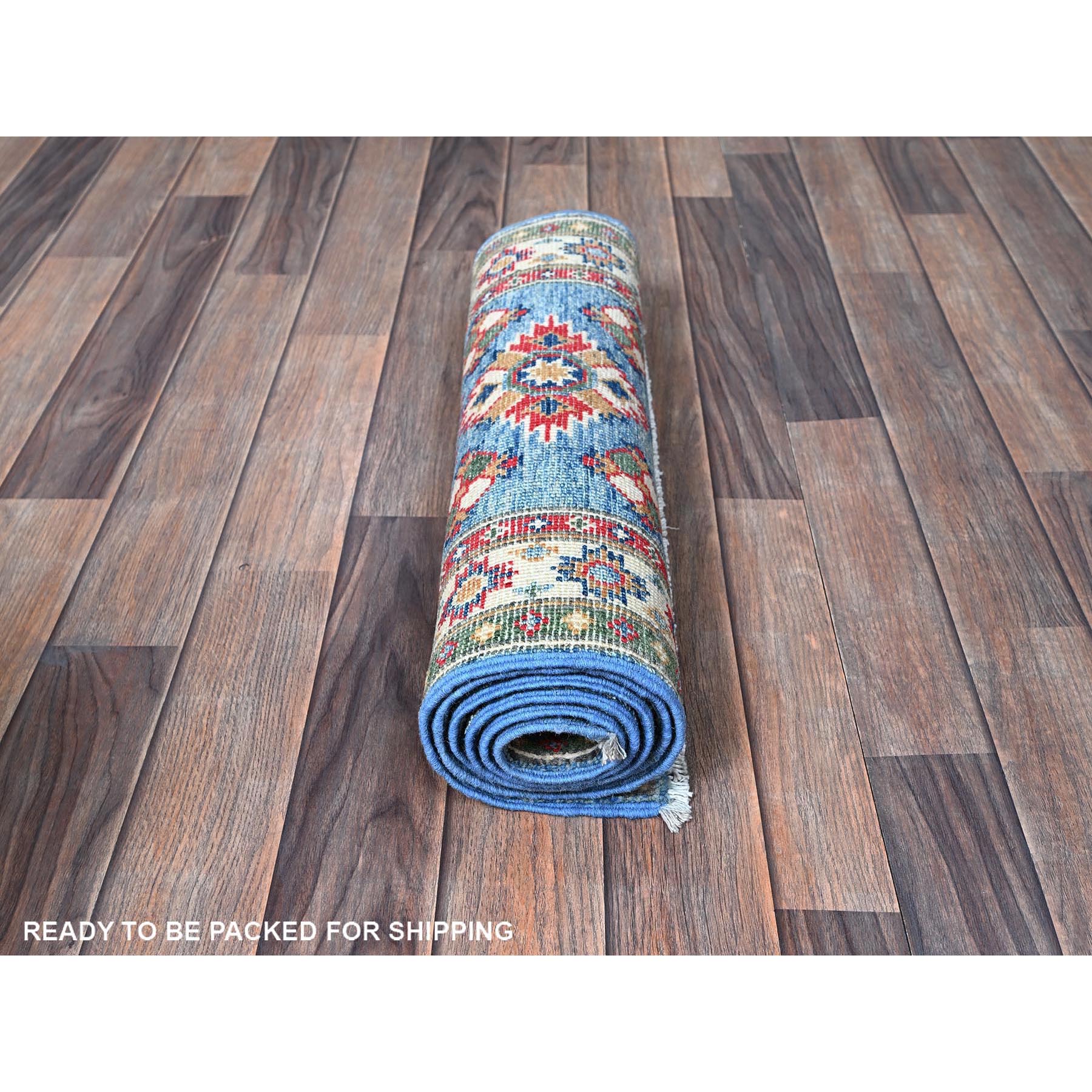 2'x6' Carolina Blue, Kazak with Tribal Medallions Design, Hand Knotted, Soft and Velvety Wool, Denser Weave, Vegetable Dyes, Narrow Runner, Oriental Rug Sh483