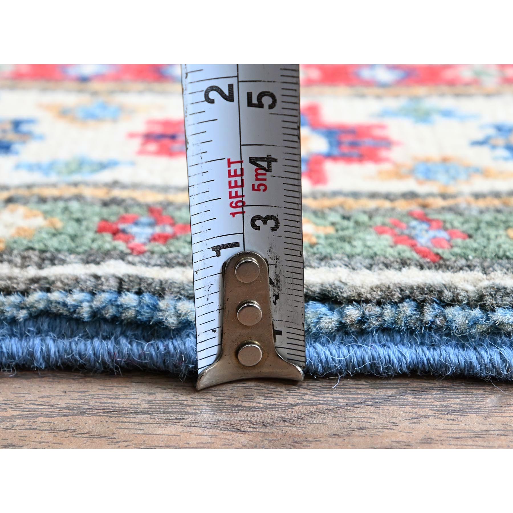 2'x6' Carolina Blue, Kazak with Tribal Medallions Design, Hand Knotted, Soft and Velvety Wool, Denser Weave, Vegetable Dyes, Narrow Runner, Oriental Rug Sh483