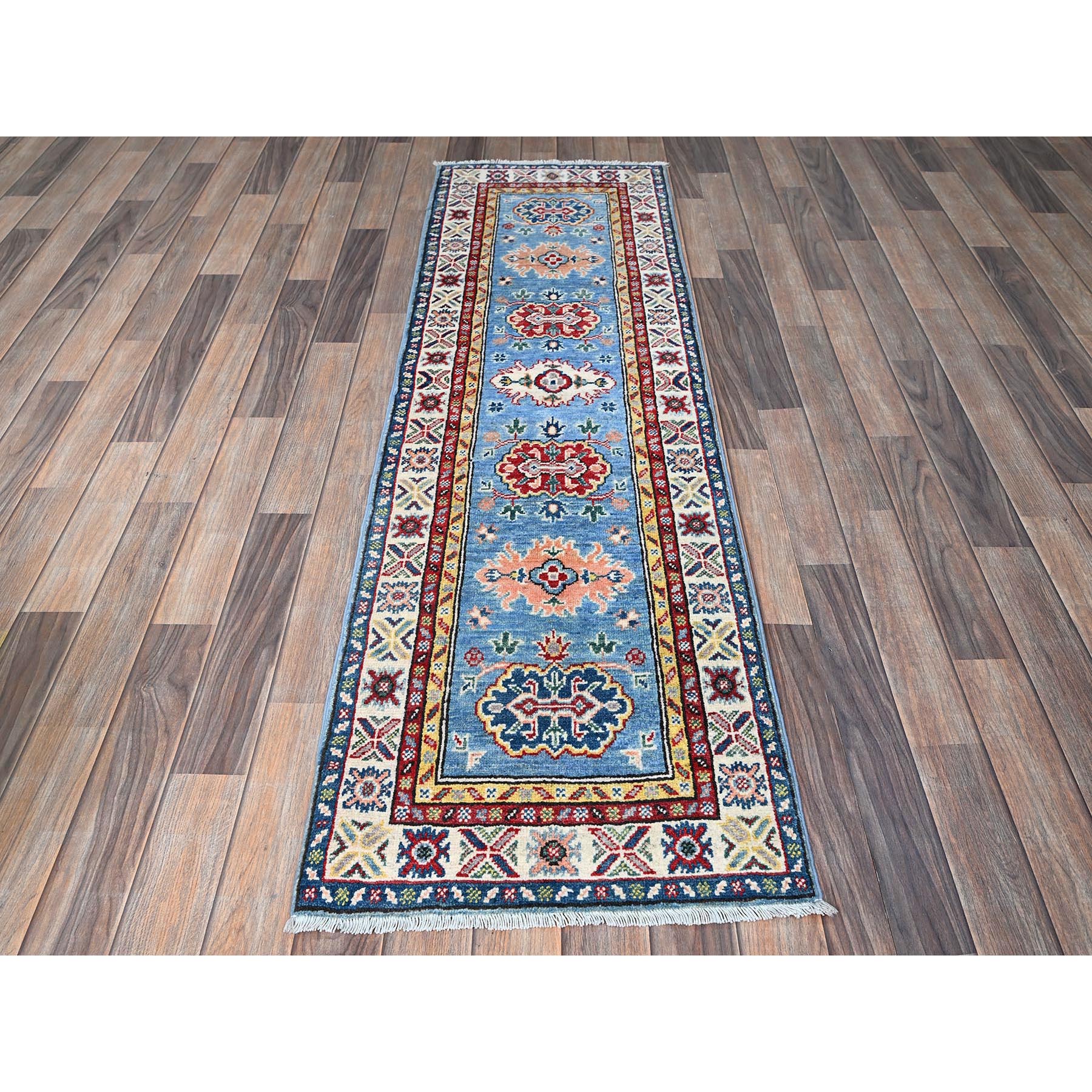 2'x6'6" Maya Blue, Kazak with Tribal Medallions Design, Soft and Velvety Wool, Hand Knotted, Denser Weave, Vegetable Dyes, Narrow Runner, Oriental Rug Sh484