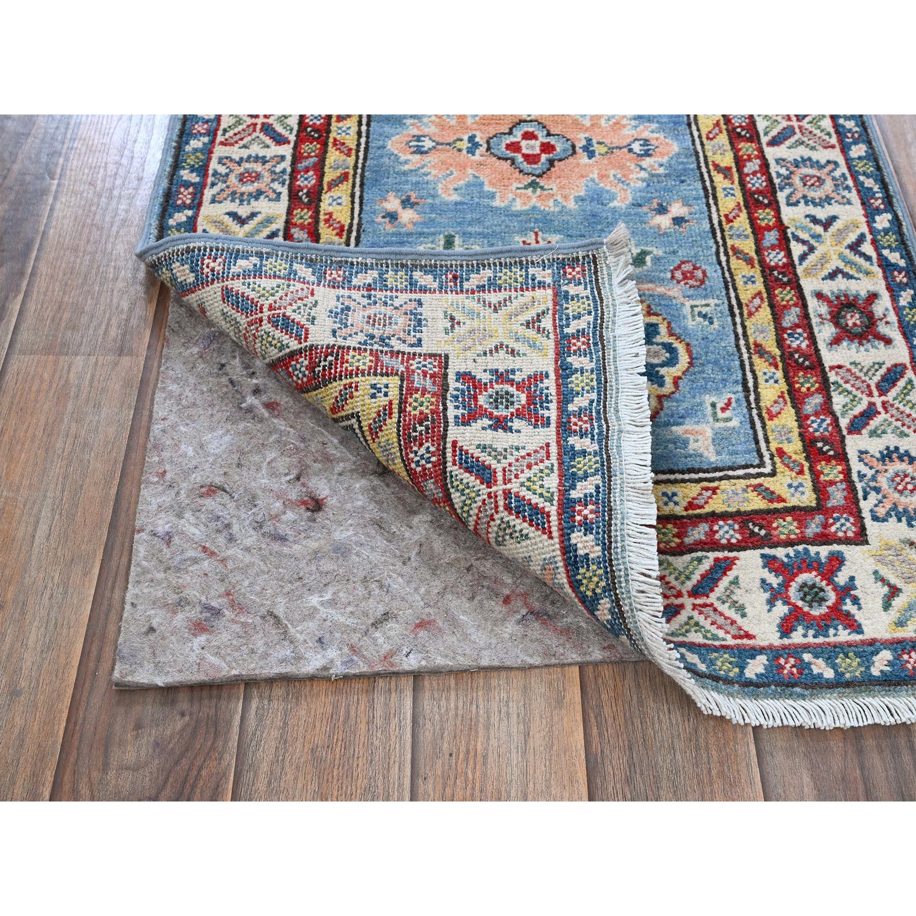 2'x6'6" Maya Blue, Kazak with Tribal Medallions Design, Soft and Velvety Wool, Hand Knotted, Denser Weave, Vegetable Dyes, Narrow Runner, Oriental Rug Sh484