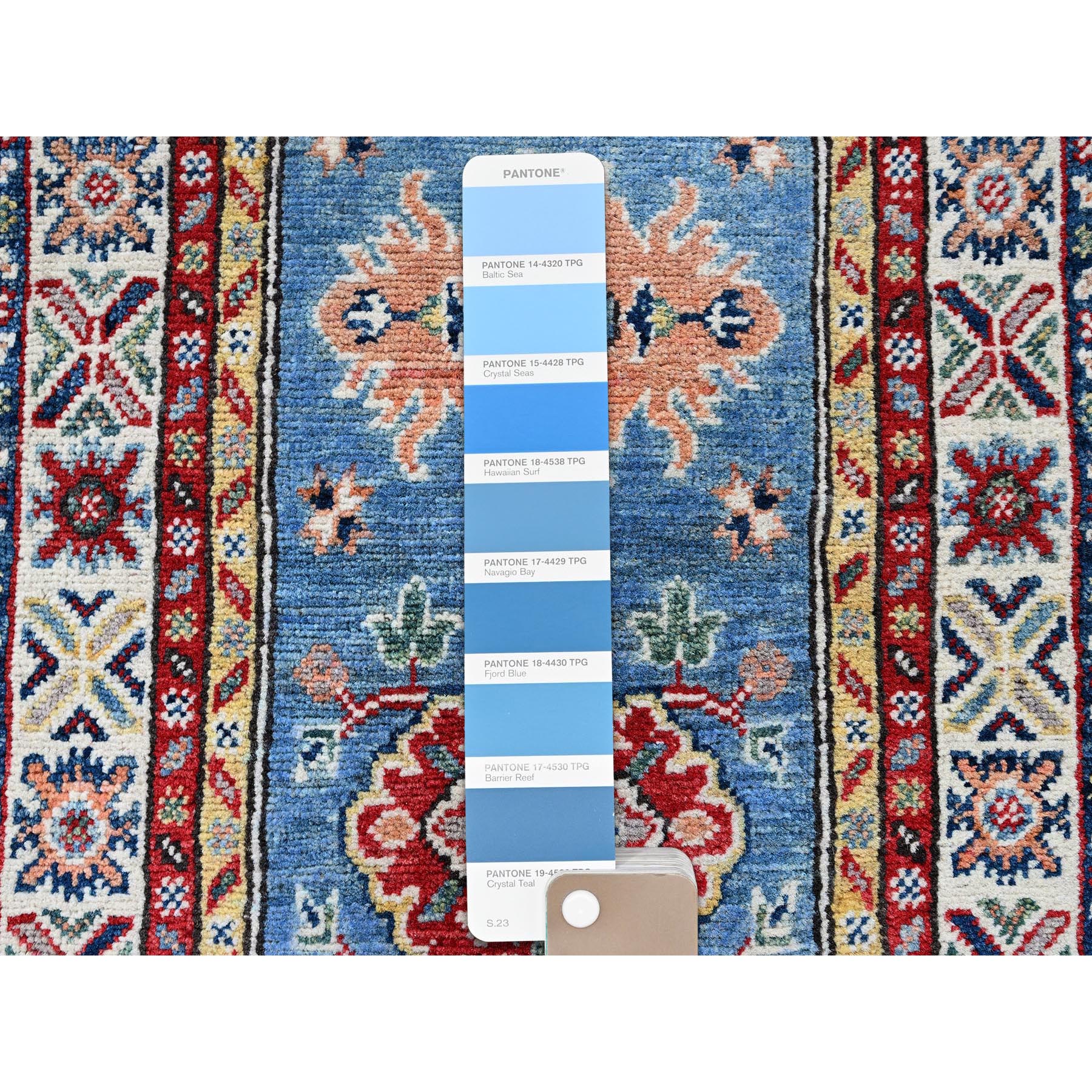 2'x6'6" Maya Blue, Kazak with Tribal Medallions Design, Soft and Velvety Wool, Hand Knotted, Denser Weave, Vegetable Dyes, Narrow Runner, Oriental Rug Sh484