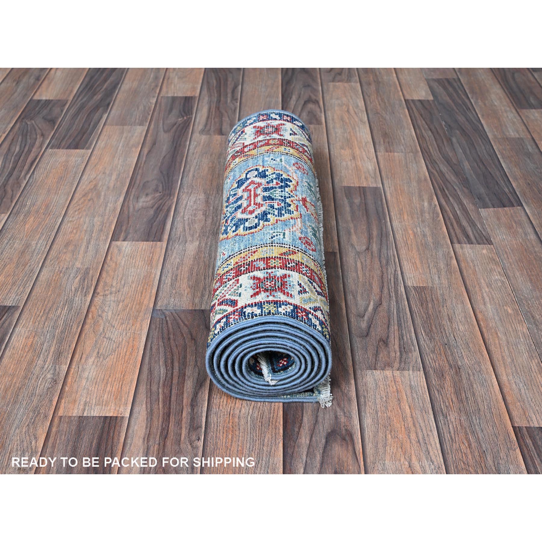 2'x6'6" Maya Blue, Kazak with Tribal Medallions Design, Soft and Velvety Wool, Hand Knotted, Denser Weave, Vegetable Dyes, Narrow Runner, Oriental Rug Sh484