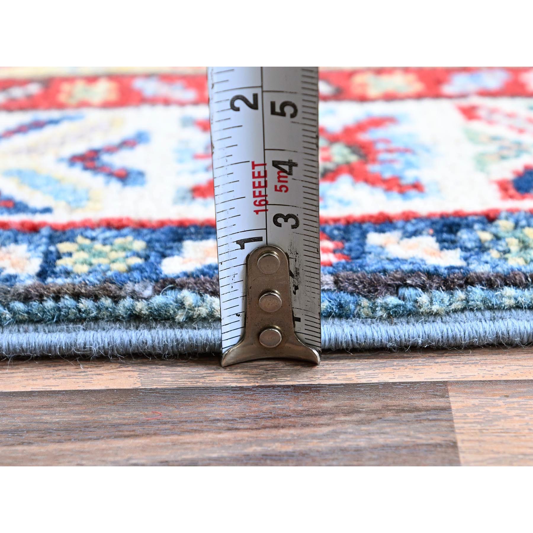 2'x6'6" Maya Blue, Kazak with Tribal Medallions Design, Soft and Velvety Wool, Hand Knotted, Denser Weave, Vegetable Dyes, Narrow Runner, Oriental Rug Sh484