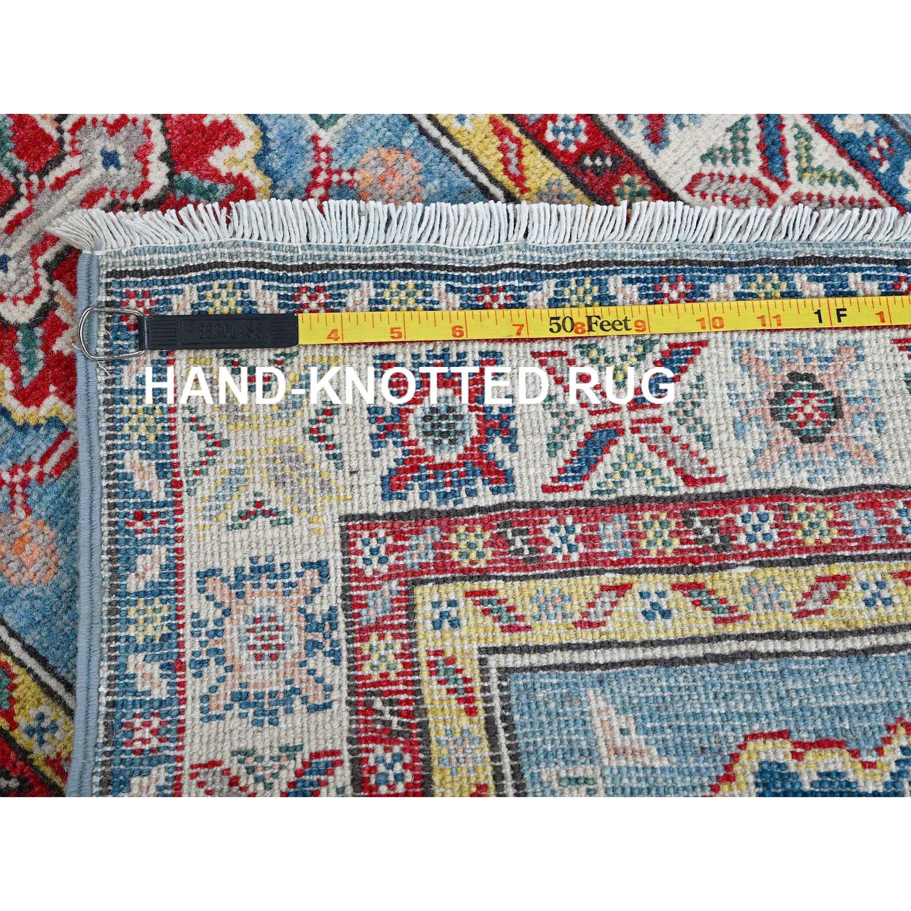 2'x6'6" Maya Blue, Kazak with Tribal Medallions Design, Soft and Velvety Wool, Hand Knotted, Denser Weave, Vegetable Dyes, Narrow Runner, Oriental Rug Sh484