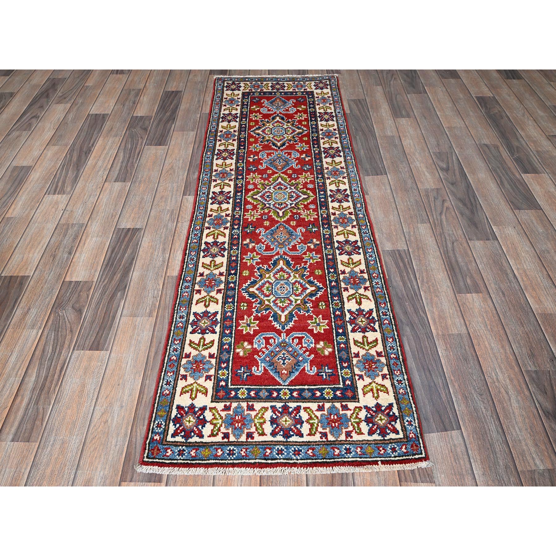 2'x6'2" Imperial Red, Kazak with Geometric Medallions Design, Hand Knotted, Soft and Velvety Wool, Denser Weave, Vegetable Dyes, Narrow Runner, Oriental Rug Sh485