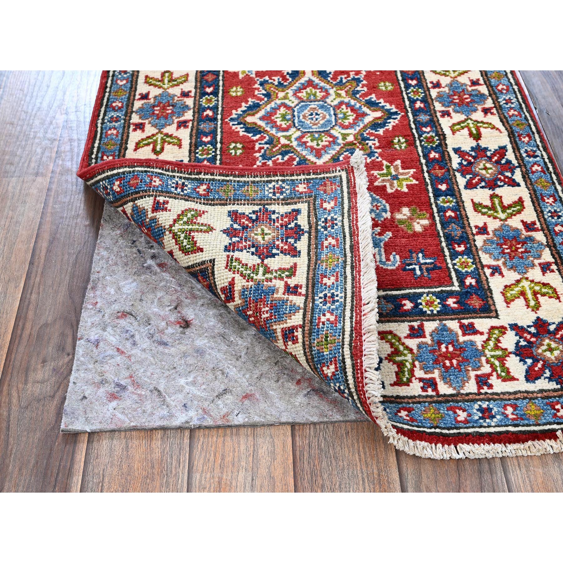 2'x6'2" Imperial Red, Kazak with Geometric Medallions Design, Hand Knotted, Soft and Velvety Wool, Denser Weave, Vegetable Dyes, Narrow Runner, Oriental Rug Sh485
