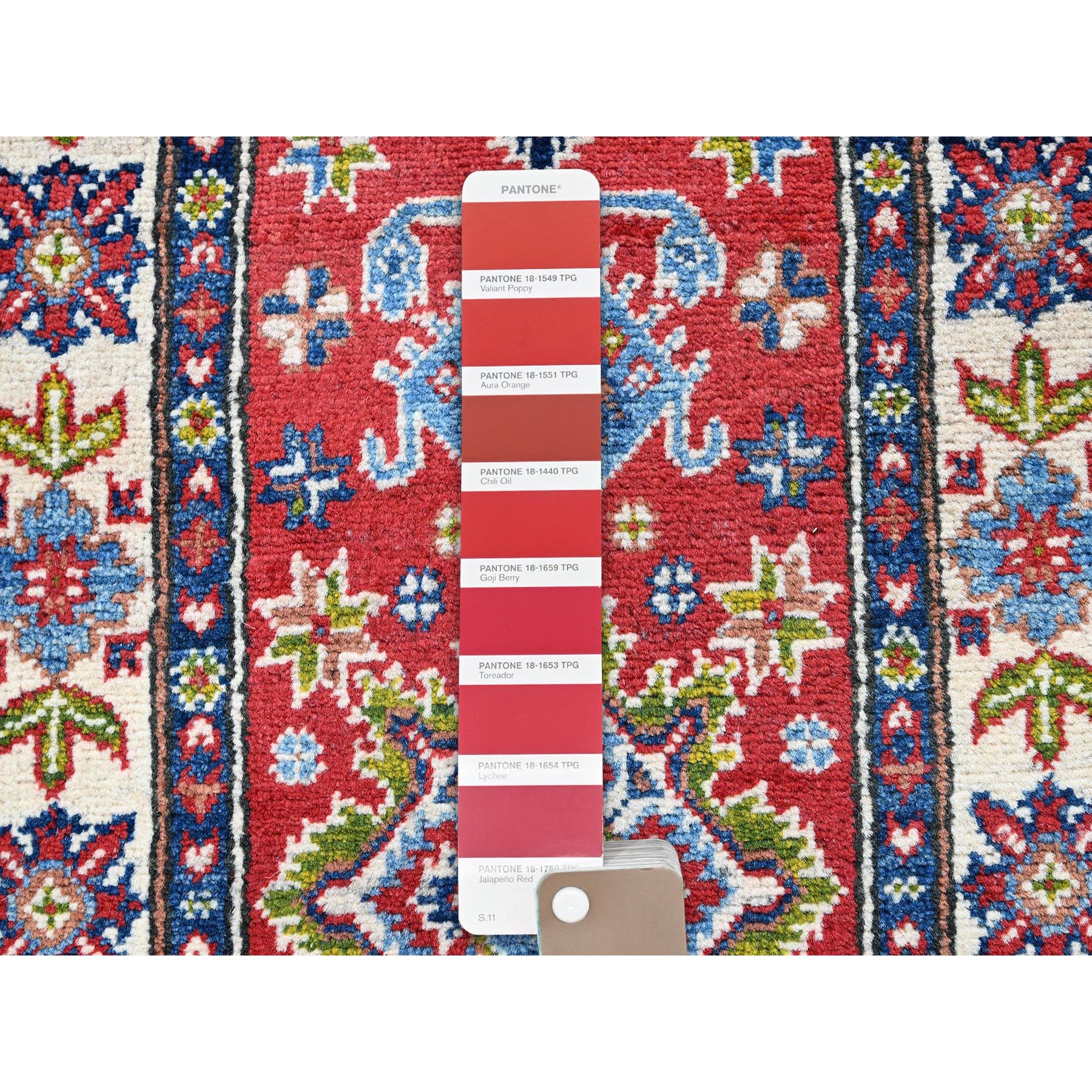 2'x6'2" Imperial Red, Kazak with Geometric Medallions Design, Hand Knotted, Soft and Velvety Wool, Denser Weave, Vegetable Dyes, Narrow Runner, Oriental Rug Sh485