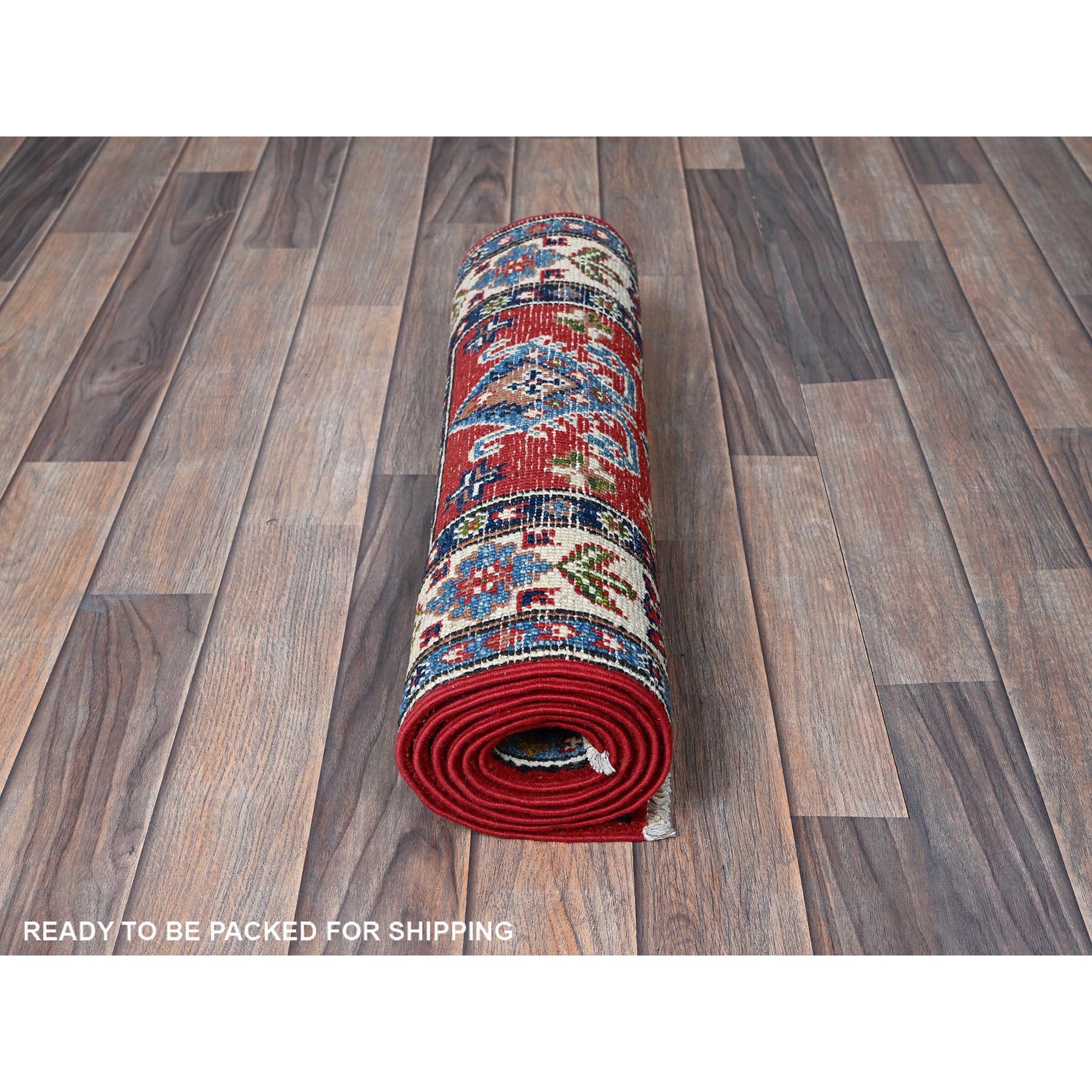 2'x6'2" Imperial Red, Kazak with Geometric Medallions Design, Hand Knotted, Soft and Velvety Wool, Denser Weave, Vegetable Dyes, Narrow Runner, Oriental Rug Sh485