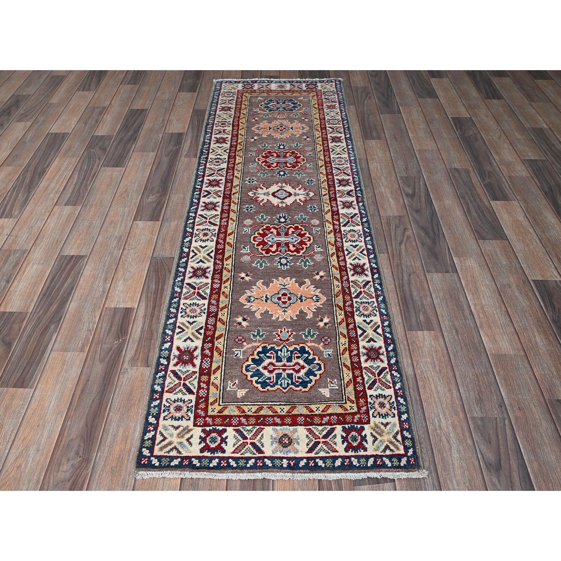 2'x6'5" Fossil Gray, Kazak with Tribal Medallions Design, Soft and Velvety Wool, Hand Knotted, Denser Weave, Vegetable Dyes, Narrow Runner, Oriental Rug Sh486