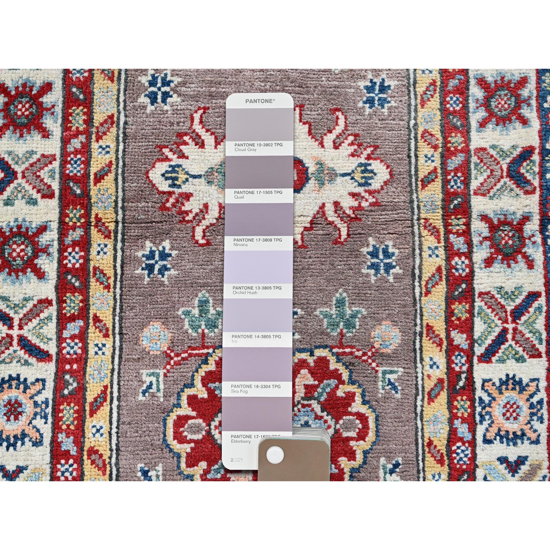 2'x6'5" Fossil Gray, Kazak with Tribal Medallions Design, Soft and Velvety Wool, Hand Knotted, Denser Weave, Vegetable Dyes, Narrow Runner, Oriental Rug Sh486