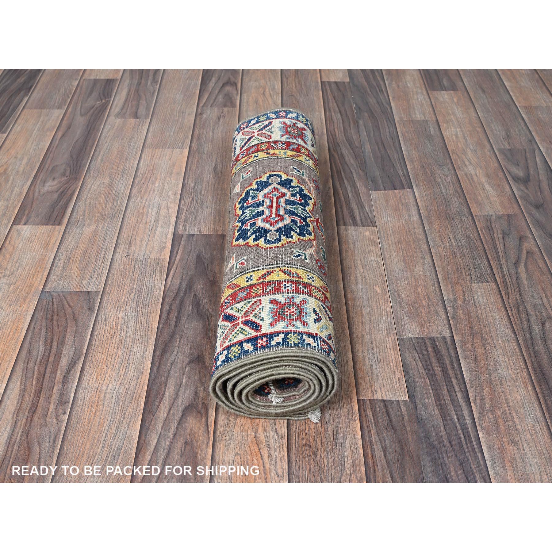 2'x6'5" Fossil Gray, Kazak with Tribal Medallions Design, Soft and Velvety Wool, Hand Knotted, Denser Weave, Vegetable Dyes, Narrow Runner, Oriental Rug Sh486