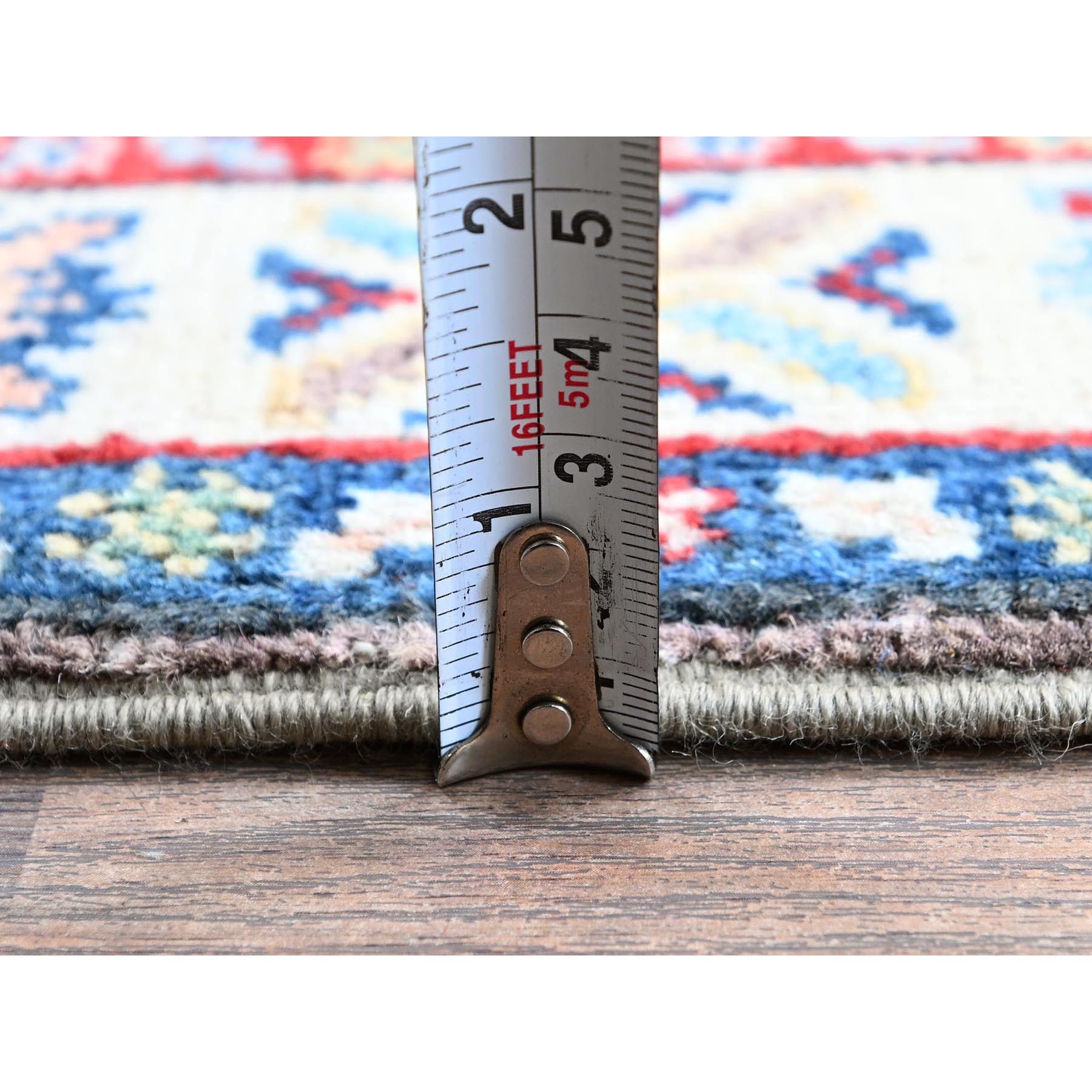 2'x6'5" Fossil Gray, Kazak with Tribal Medallions Design, Soft and Velvety Wool, Hand Knotted, Denser Weave, Vegetable Dyes, Narrow Runner, Oriental Rug Sh486