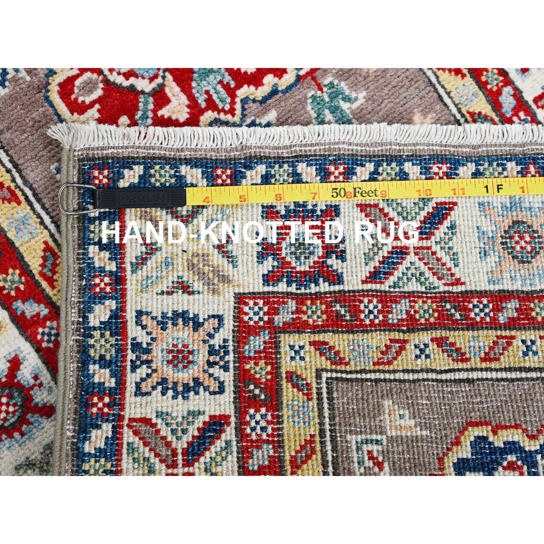 2'x6'5" Fossil Gray, Kazak with Tribal Medallions Design, Soft and Velvety Wool, Hand Knotted, Denser Weave, Vegetable Dyes, Narrow Runner, Oriental Rug Sh486
