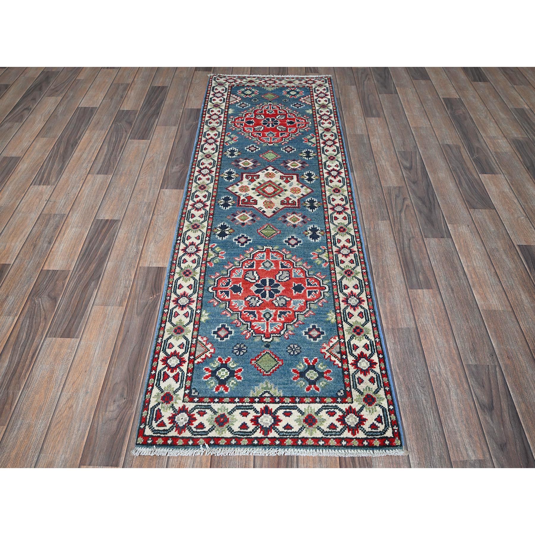 2'1"x6'1" Imperial Blue, Kazak with Geometric Medallion Design, Soft and Shiny Wool, Hand Knotted, Denser Weave, Vegetable Dyes, Narrow Runner, Oriental Rug Sh487