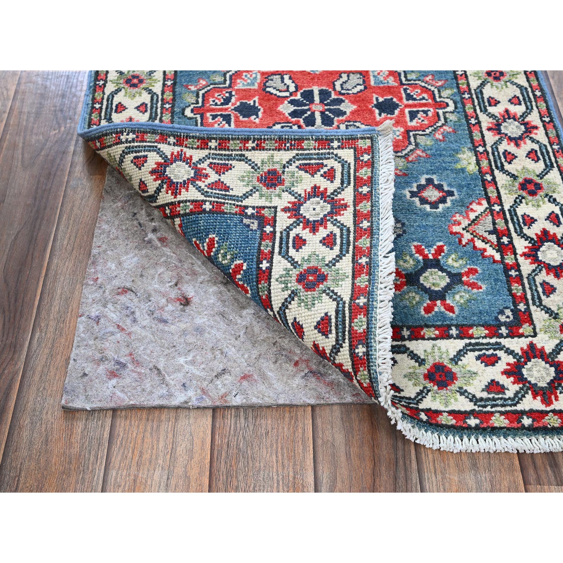 2'1"x6'1" Imperial Blue, Kazak with Geometric Medallion Design, Soft and Shiny Wool, Hand Knotted, Denser Weave, Vegetable Dyes, Narrow Runner, Oriental Rug Sh487