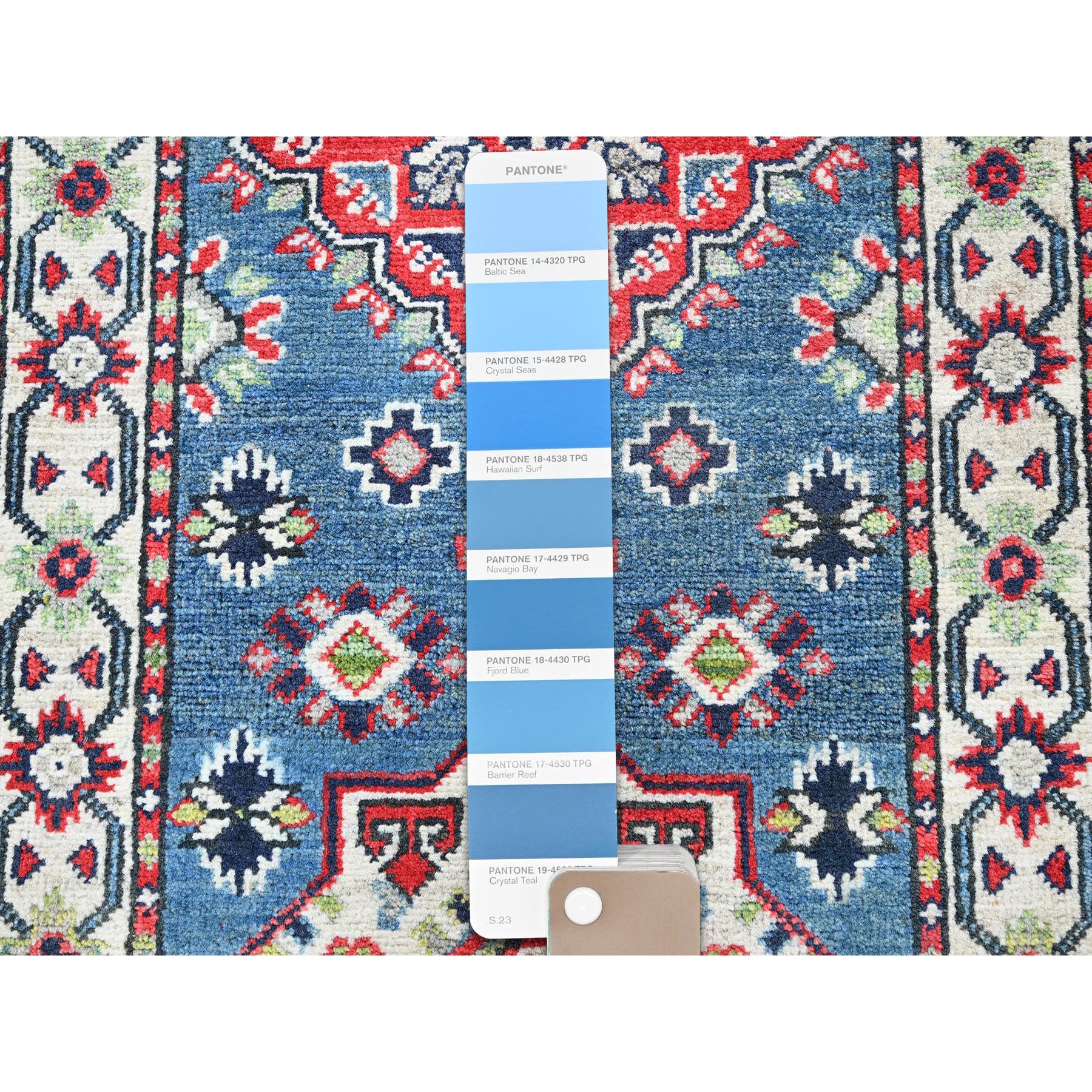 2'1"x6'1" Imperial Blue, Kazak with Geometric Medallion Design, Soft and Shiny Wool, Hand Knotted, Denser Weave, Vegetable Dyes, Narrow Runner, Oriental Rug Sh487