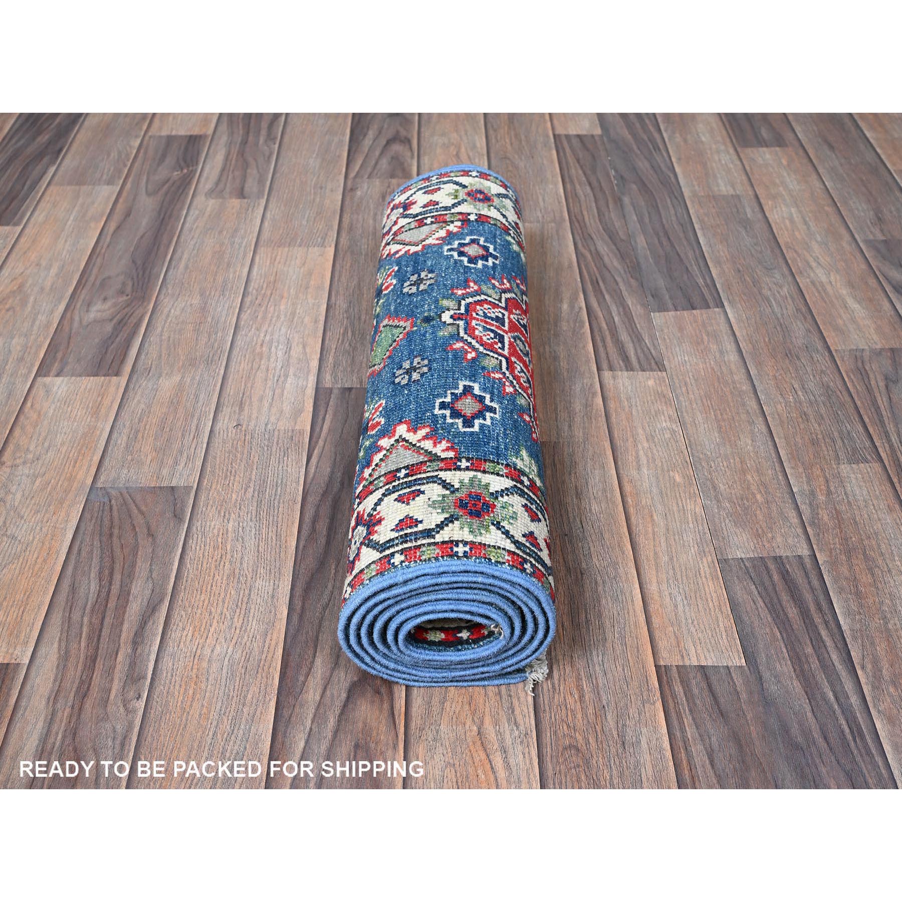 2'1"x6'1" Imperial Blue, Kazak with Geometric Medallion Design, Soft and Shiny Wool, Hand Knotted, Denser Weave, Vegetable Dyes, Narrow Runner, Oriental Rug Sh487