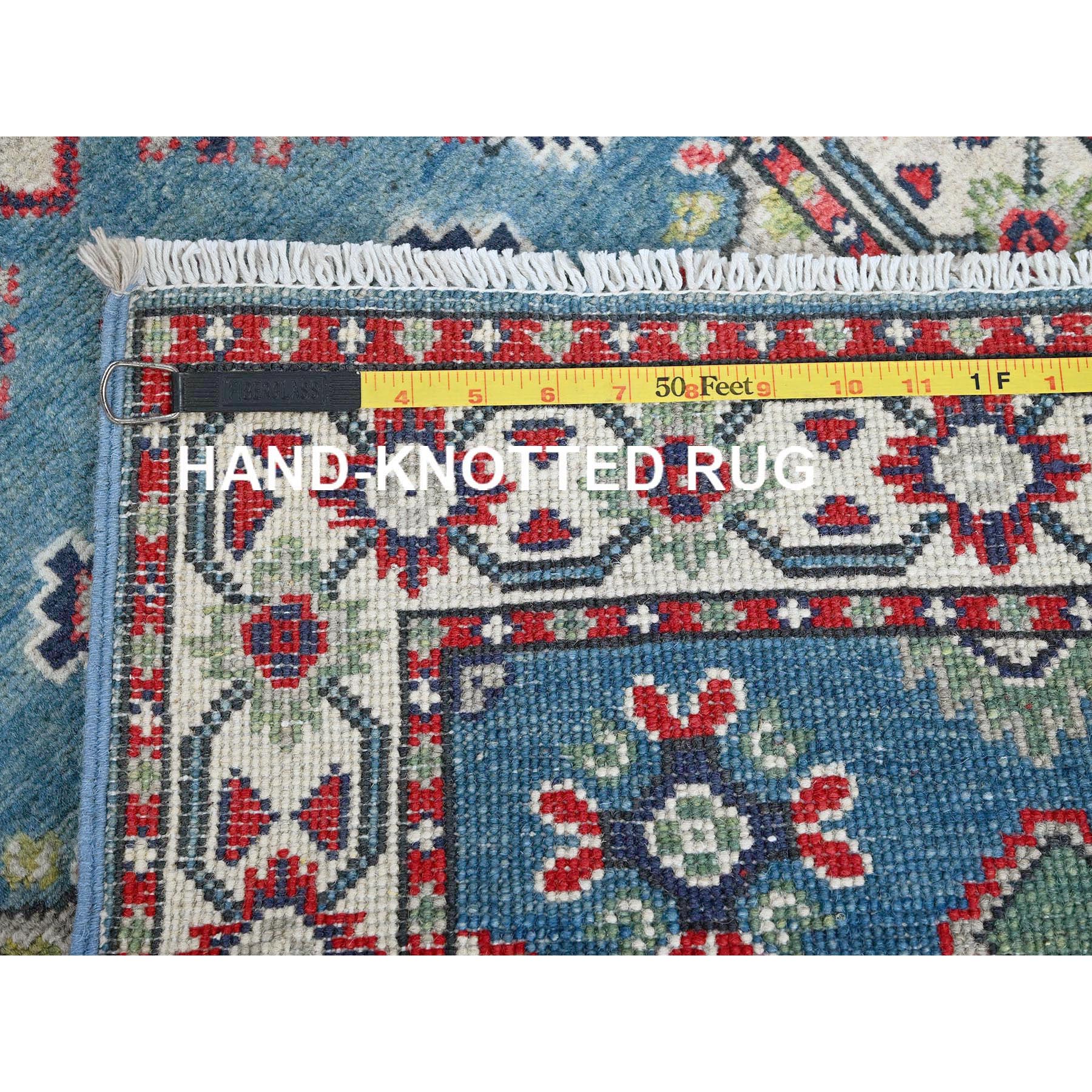 2'1"x6'1" Imperial Blue, Kazak with Geometric Medallion Design, Soft and Shiny Wool, Hand Knotted, Denser Weave, Vegetable Dyes, Narrow Runner, Oriental Rug Sh487