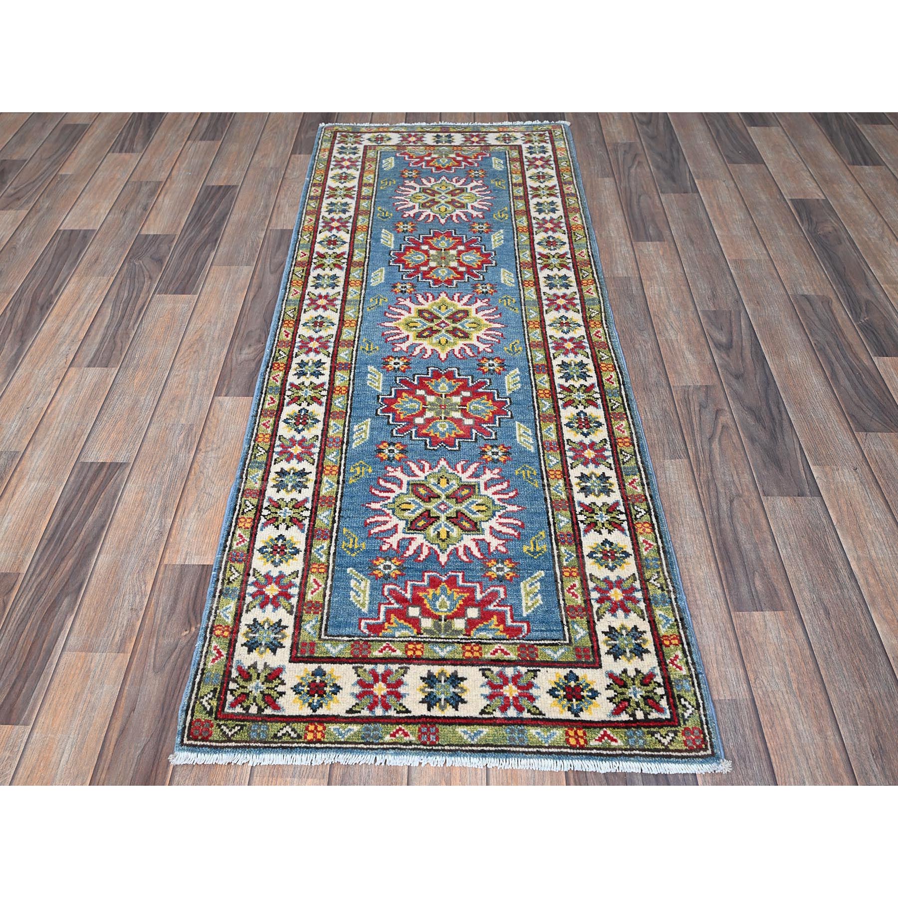 2'3"x6' Carolina Blue, Kazak with Tribal Medallions Design, Hand Knotted, Soft and Velvety Wool, Denser Weave, Vegetable Dyes, Narrow Runner, Oriental Rug Sh488