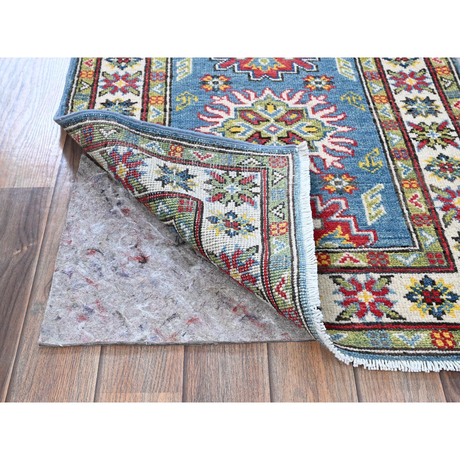 2'3"x6' Carolina Blue, Kazak with Tribal Medallions Design, Hand Knotted, Soft and Velvety Wool, Denser Weave, Vegetable Dyes, Narrow Runner, Oriental Rug Sh488