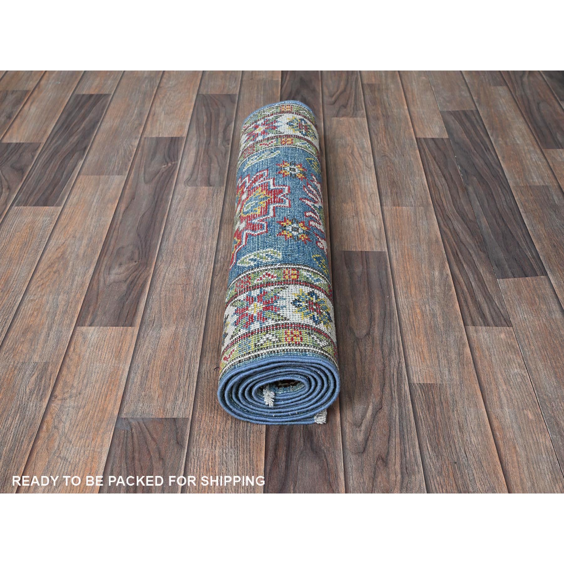 2'3"x6' Carolina Blue, Kazak with Tribal Medallions Design, Hand Knotted, Soft and Velvety Wool, Denser Weave, Vegetable Dyes, Narrow Runner, Oriental Rug Sh488