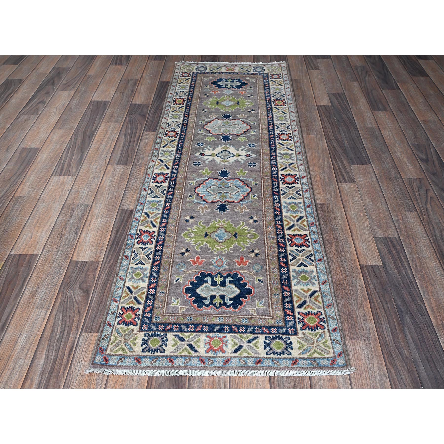 2'1"x5'10" Frost Gray, Kazak with Tribal Medallions Design, Soft and Velvety Wool, Hand Knotted, Denser Weave, Vegetable Dyes, Narrow Runner, Oriental Rug Sh489