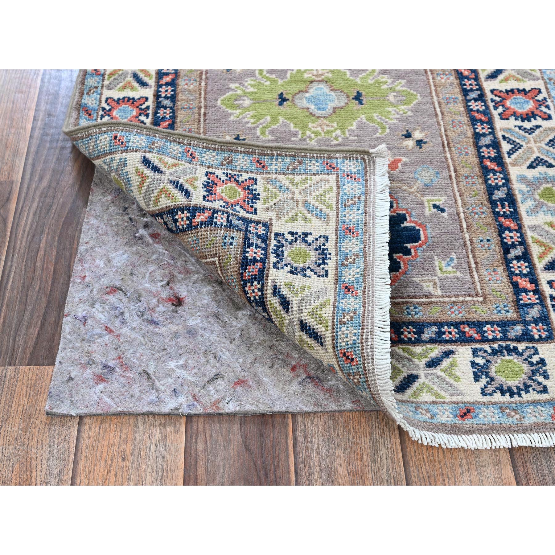 2'1"x5'10" Frost Gray, Kazak with Tribal Medallions Design, Soft and Velvety Wool, Hand Knotted, Denser Weave, Vegetable Dyes, Narrow Runner, Oriental Rug Sh489