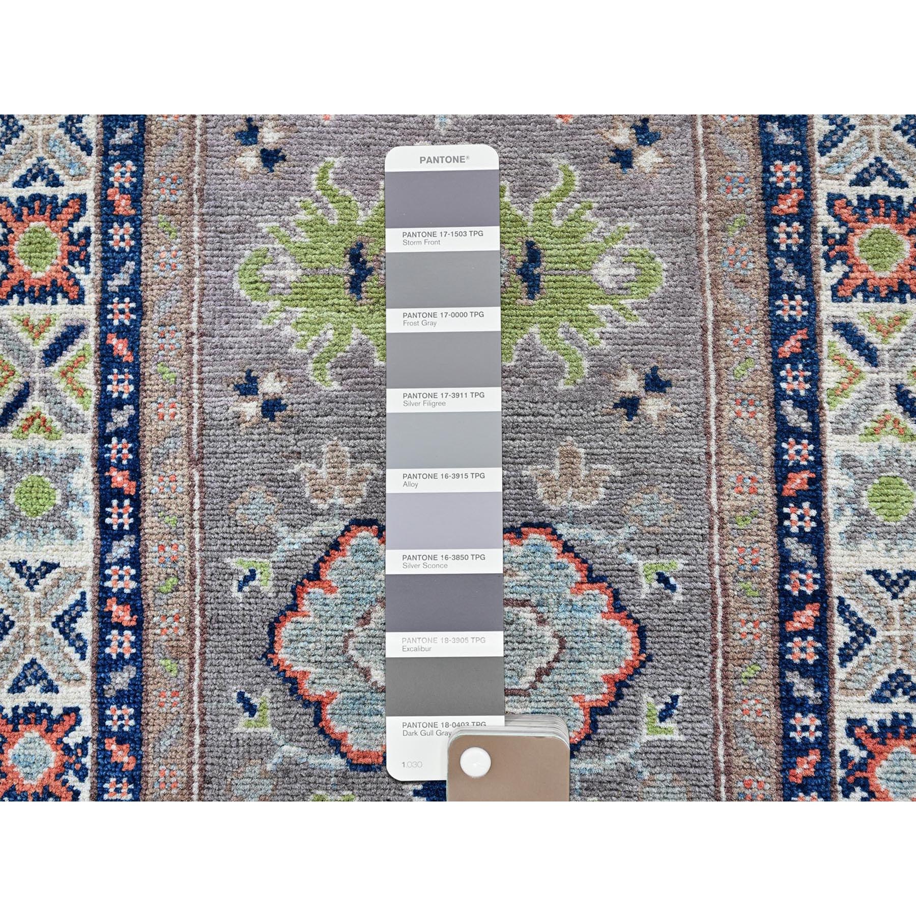 2'1"x5'10" Frost Gray, Kazak with Tribal Medallions Design, Soft and Velvety Wool, Hand Knotted, Denser Weave, Vegetable Dyes, Narrow Runner, Oriental Rug Sh489