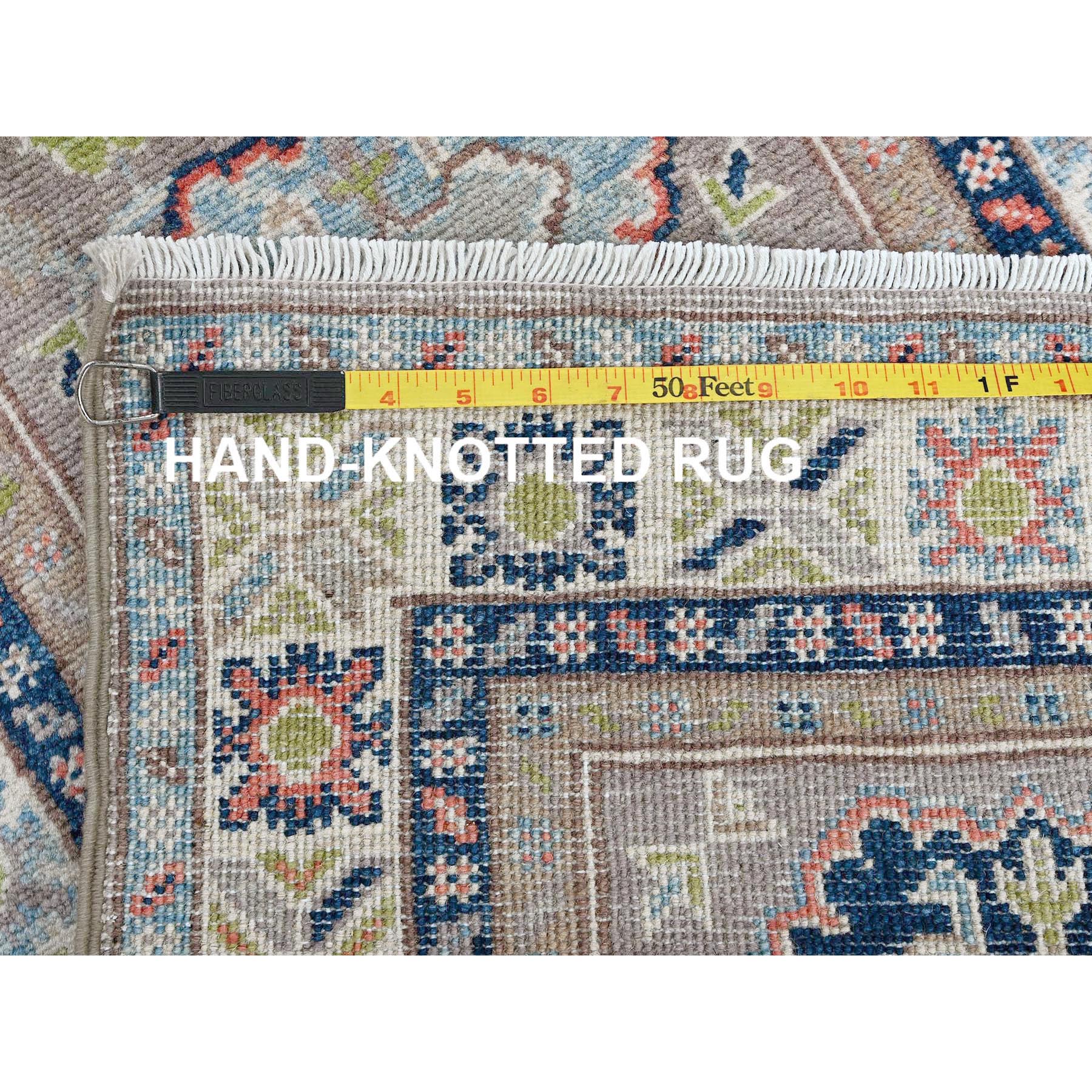 2'1"x5'10" Frost Gray, Kazak with Tribal Medallions Design, Soft and Velvety Wool, Hand Knotted, Denser Weave, Vegetable Dyes, Narrow Runner, Oriental Rug Sh489
