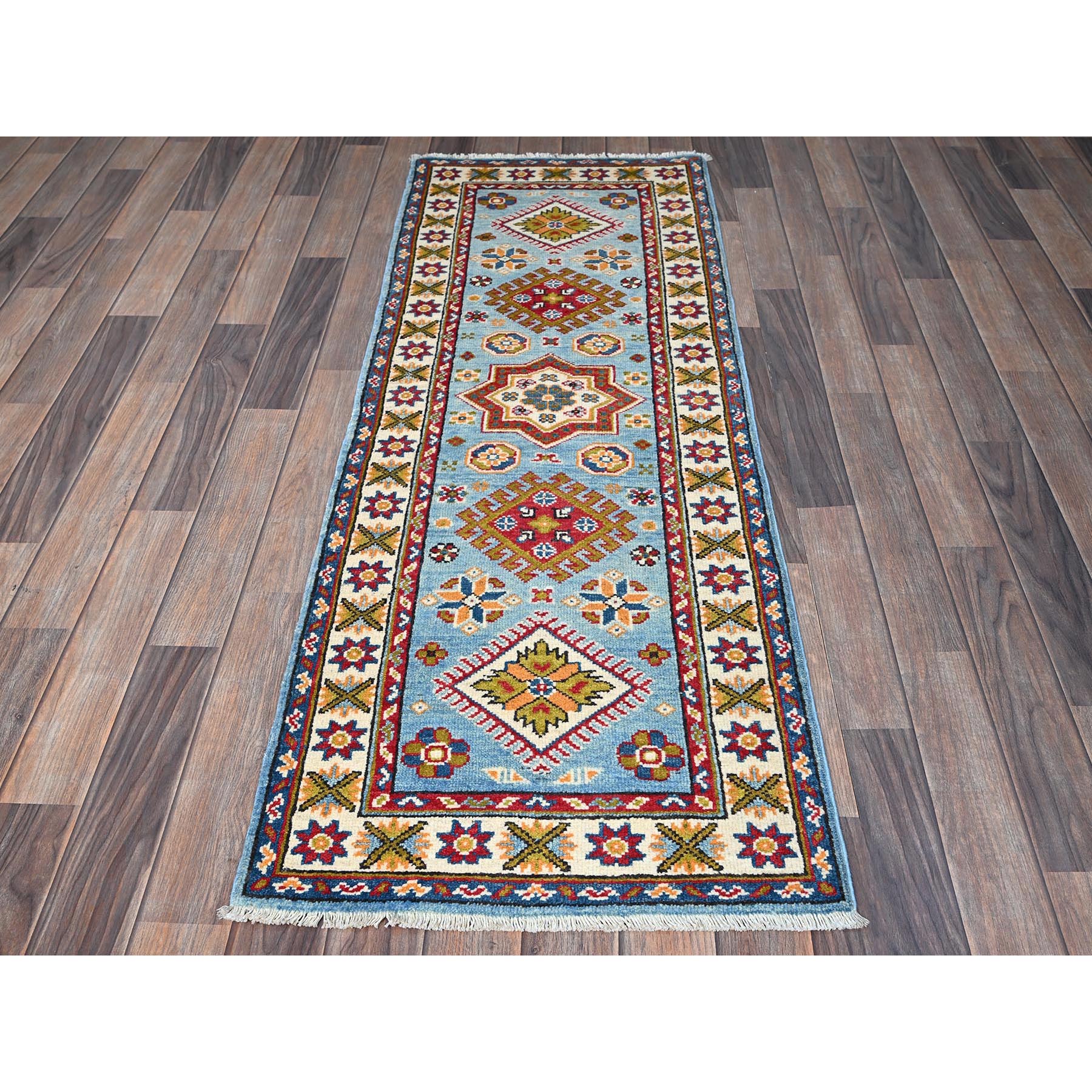 2'1"x5'9" Baby Blue, Kazak with Geometric Medallions Design, Hand Knotted, Soft and Velvety Wool, Denser Weave, Vegetable Dyes, Narrow Runner, Oriental Rug Sh492