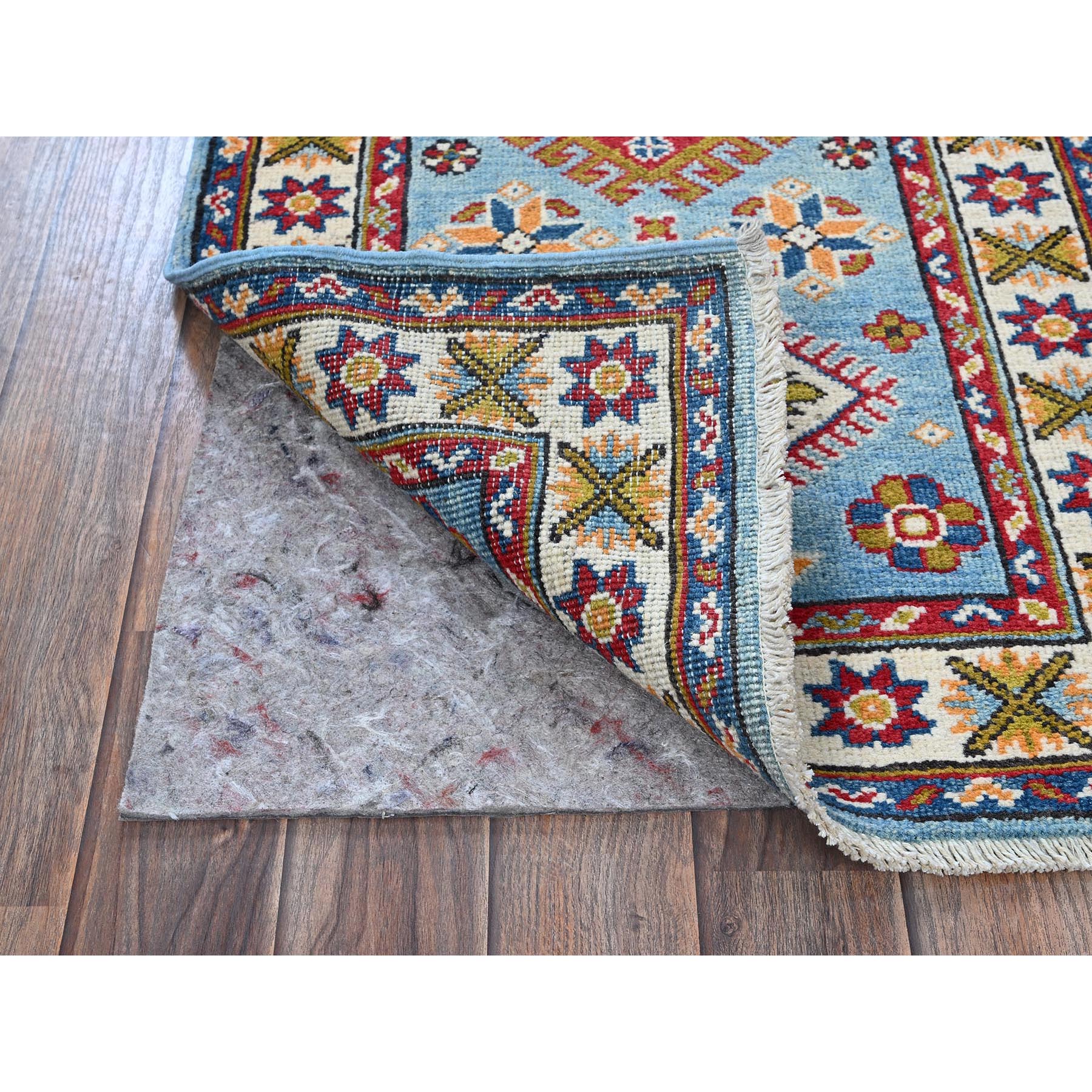 2'1"x5'9" Baby Blue, Kazak with Geometric Medallions Design, Hand Knotted, Soft and Velvety Wool, Denser Weave, Vegetable Dyes, Narrow Runner, Oriental Rug Sh492