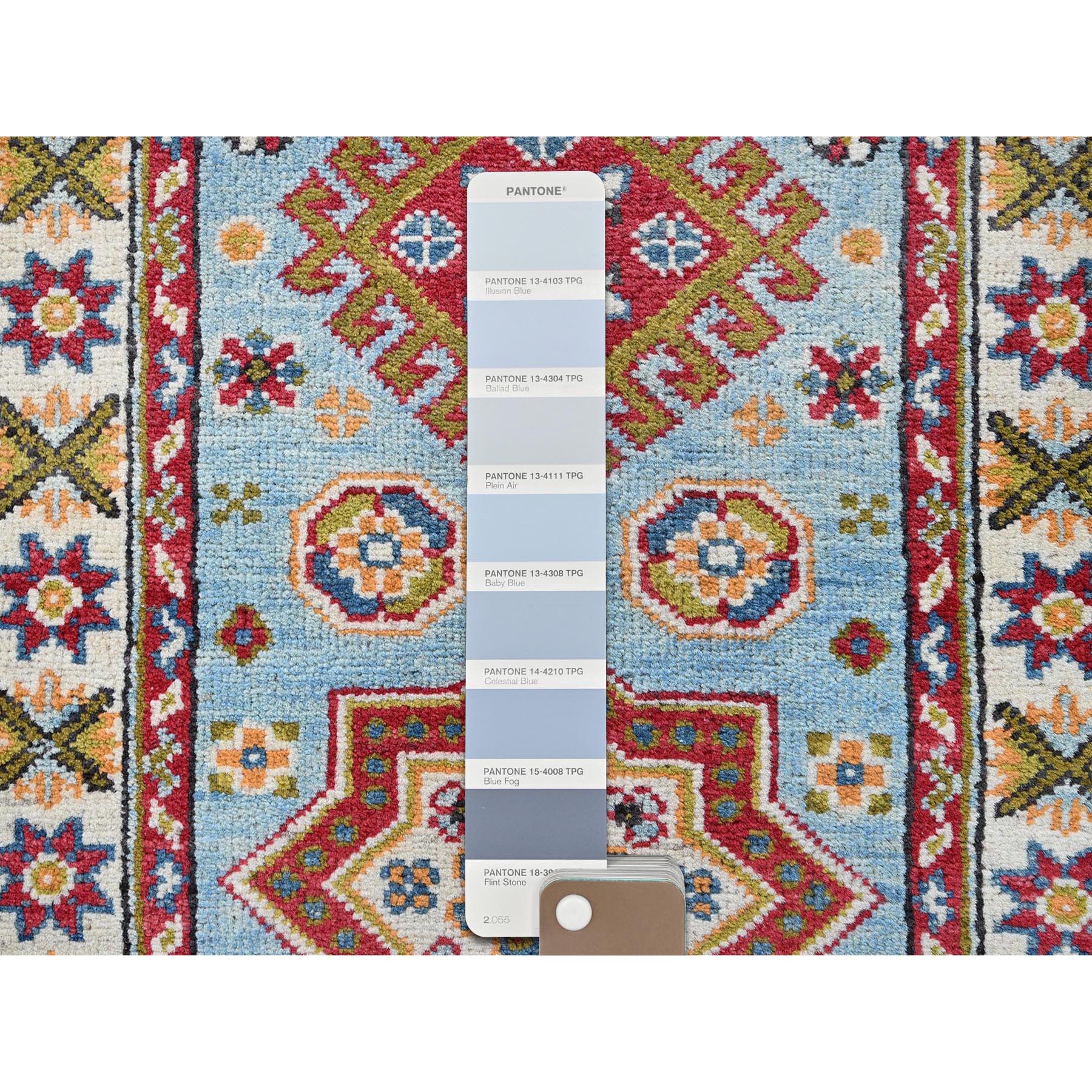 2'1"x5'9" Baby Blue, Kazak with Geometric Medallions Design, Hand Knotted, Soft and Velvety Wool, Denser Weave, Vegetable Dyes, Narrow Runner, Oriental Rug Sh492