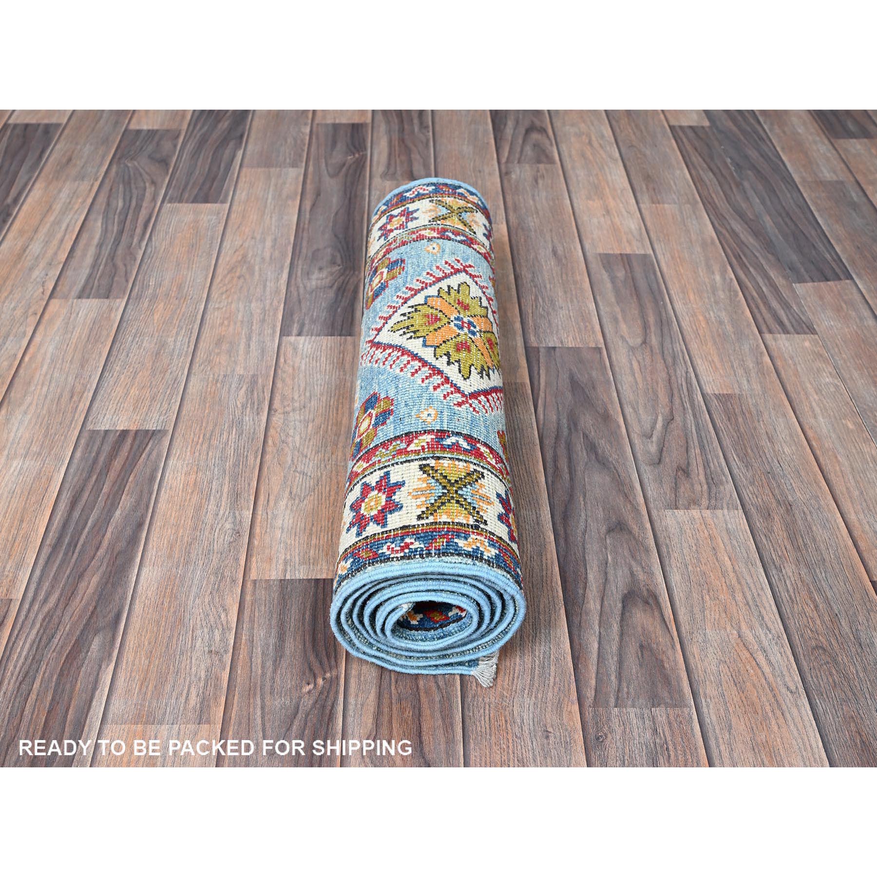 2'1"x5'9" Baby Blue, Kazak with Geometric Medallions Design, Hand Knotted, Soft and Velvety Wool, Denser Weave, Vegetable Dyes, Narrow Runner, Oriental Rug Sh492