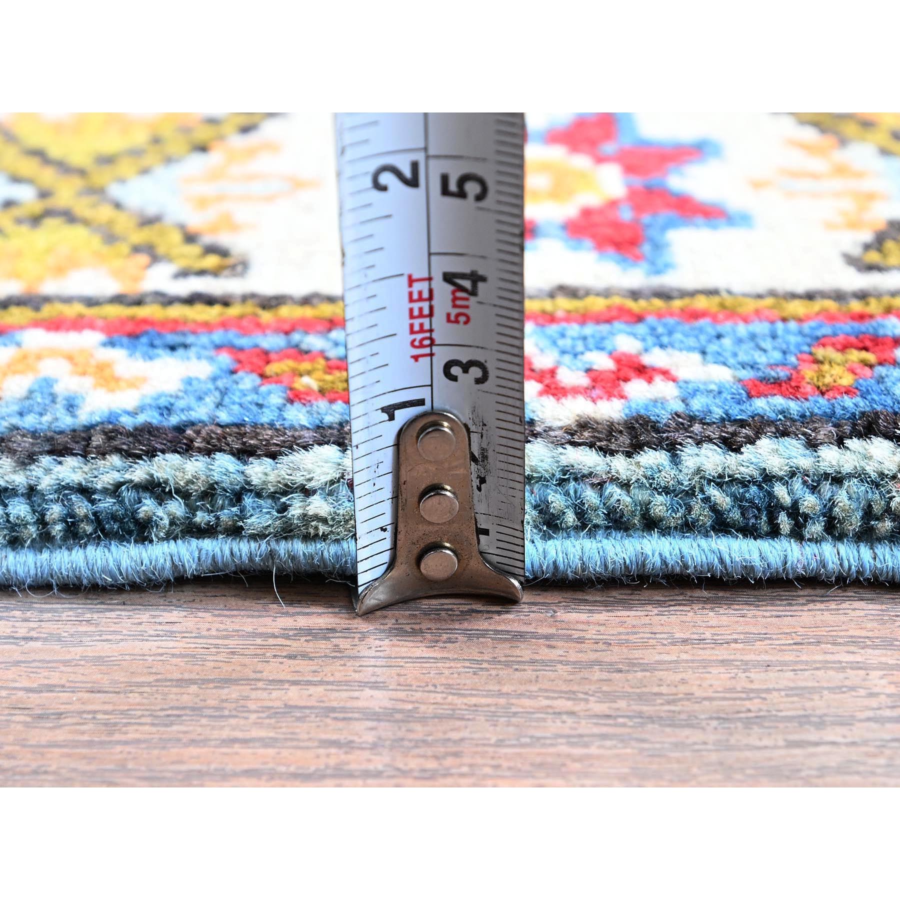 2'1"x5'9" Baby Blue, Kazak with Geometric Medallions Design, Hand Knotted, Soft and Velvety Wool, Denser Weave, Vegetable Dyes, Narrow Runner, Oriental Rug Sh492