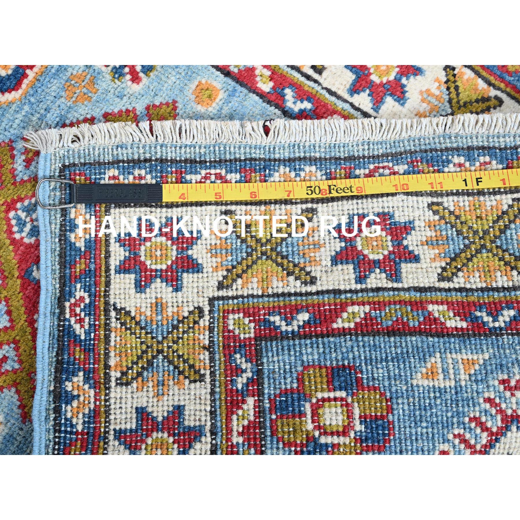 2'1"x5'9" Baby Blue, Kazak with Geometric Medallions Design, Hand Knotted, Soft and Velvety Wool, Denser Weave, Vegetable Dyes, Narrow Runner, Oriental Rug Sh492