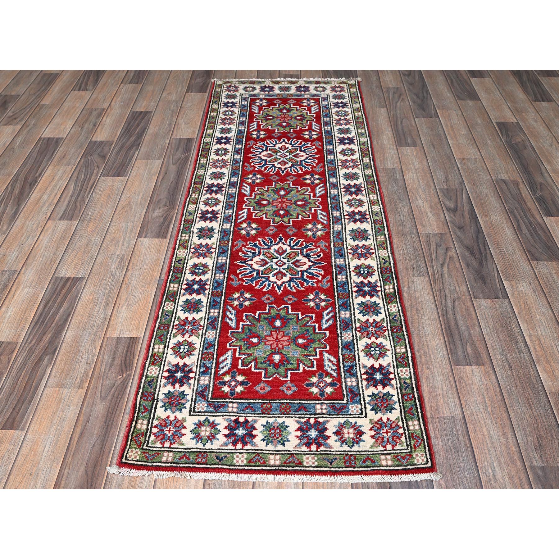 2'1"x6' Crimson Red, Kazak with Tribal Medallions Design, Hand Knotted, Vegetable Dyes, Soft and Shiny Wool, Denser Weave, Narrow Runner, Oriental Rug Sh494