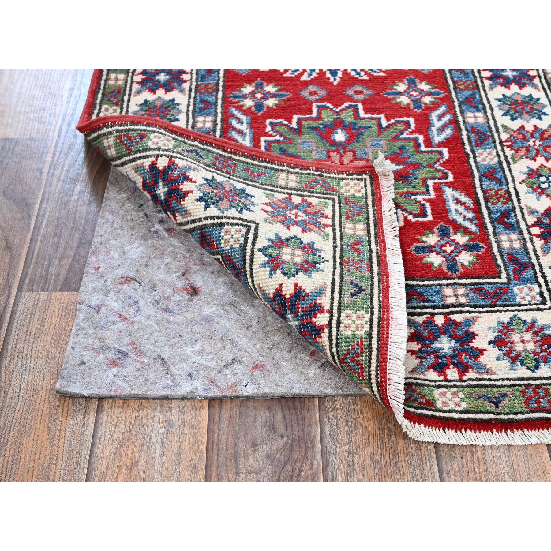 2'1"x6' Crimson Red, Kazak with Tribal Medallions Design, Hand Knotted, Vegetable Dyes, Soft and Shiny Wool, Denser Weave, Narrow Runner, Oriental Rug Sh494