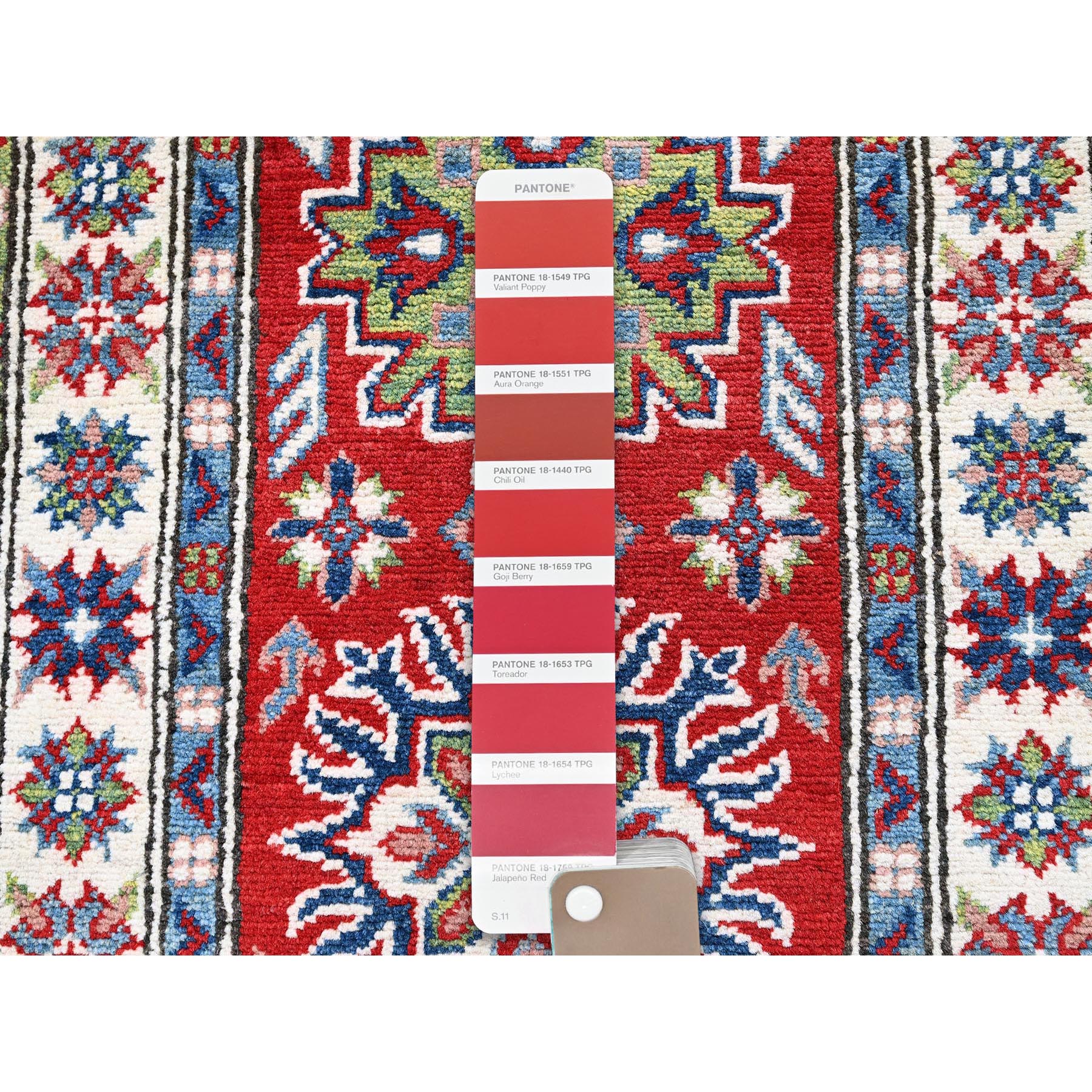 2'1"x6' Crimson Red, Kazak with Tribal Medallions Design, Hand Knotted, Vegetable Dyes, Soft and Shiny Wool, Denser Weave, Narrow Runner, Oriental Rug Sh494