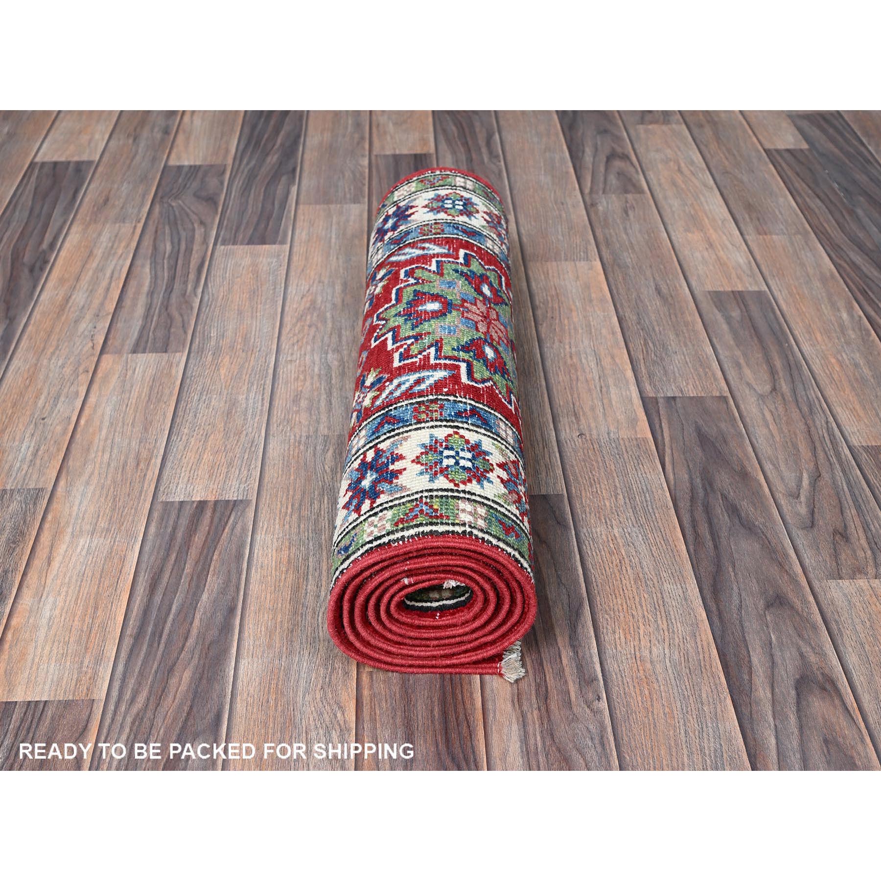2'1"x6' Crimson Red, Kazak with Tribal Medallions Design, Hand Knotted, Vegetable Dyes, Soft and Shiny Wool, Denser Weave, Narrow Runner, Oriental Rug Sh494