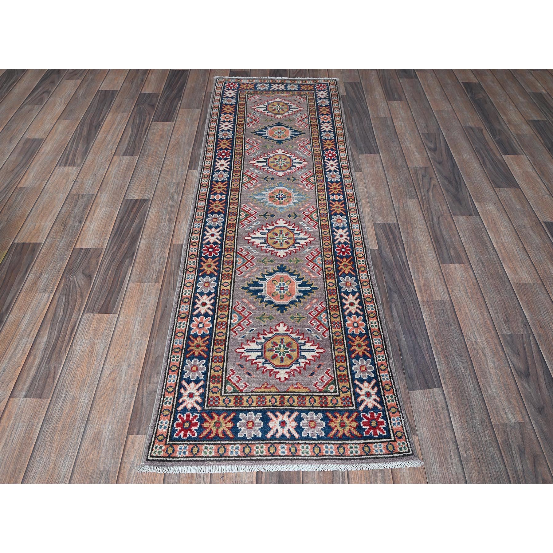 2'x5'9" Beaver Brown, Kazak with Tribal Medallions Design, Hand Knotted, Soft and Vibrant Wool, Denser Weave, Vegetable Dyes, Narrow Runner, Oriental Rug Sh497