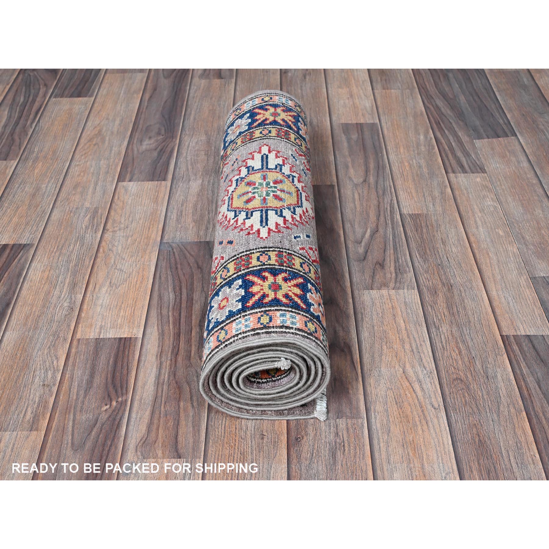 2'x5'9" Beaver Brown, Kazak with Tribal Medallions Design, Hand Knotted, Soft and Vibrant Wool, Denser Weave, Vegetable Dyes, Narrow Runner, Oriental Rug Sh497