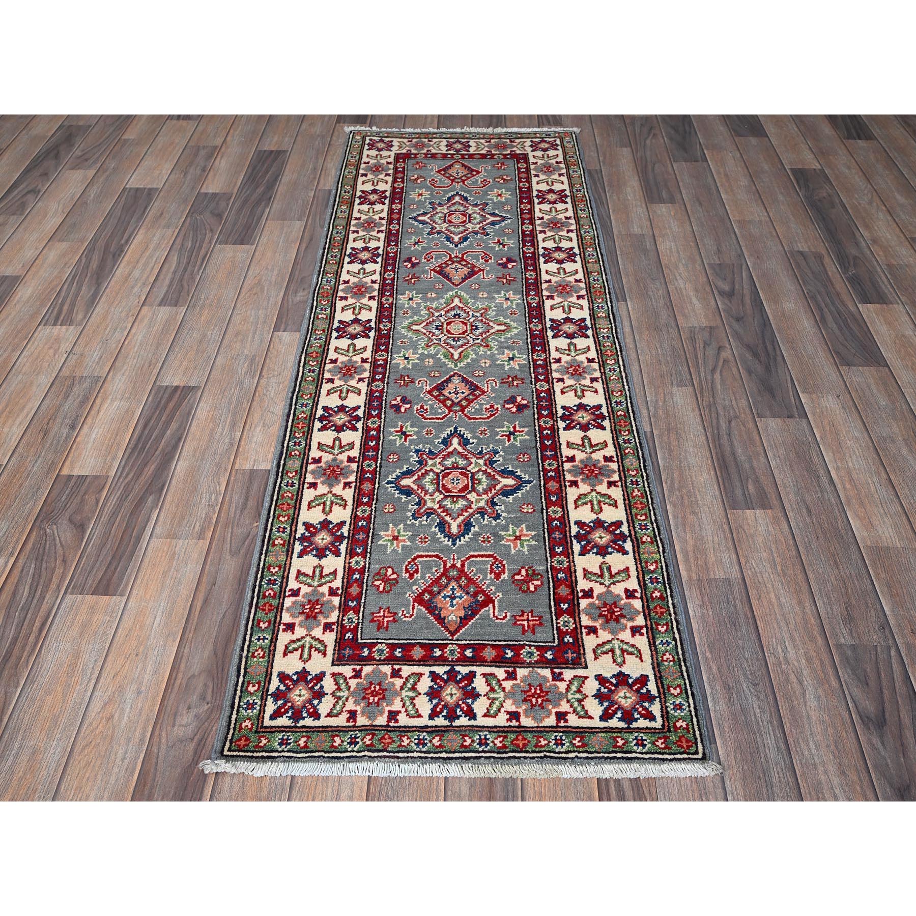 2'2"x6' Misty Gray, Kazak with Tribal Medallions Design, Soft and Velvety Wool, Hand Knotted, Denser Weave, Vegetable Dyes, Narrow Runner, Oriental Rug Sh498
